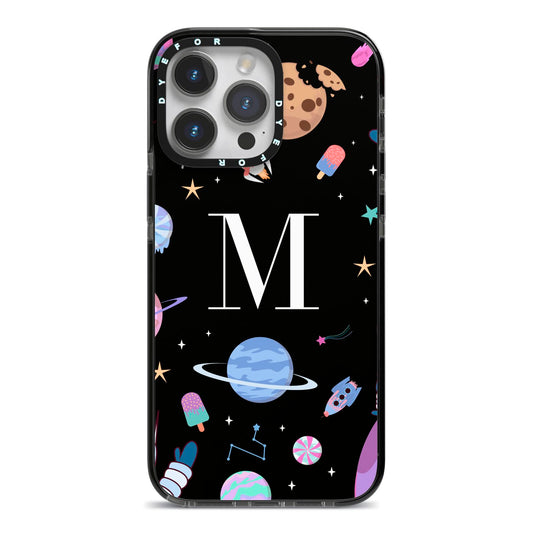 Initialled Candy Space Scene iPhone 14 Pro Max Black Impact Case on Silver phone