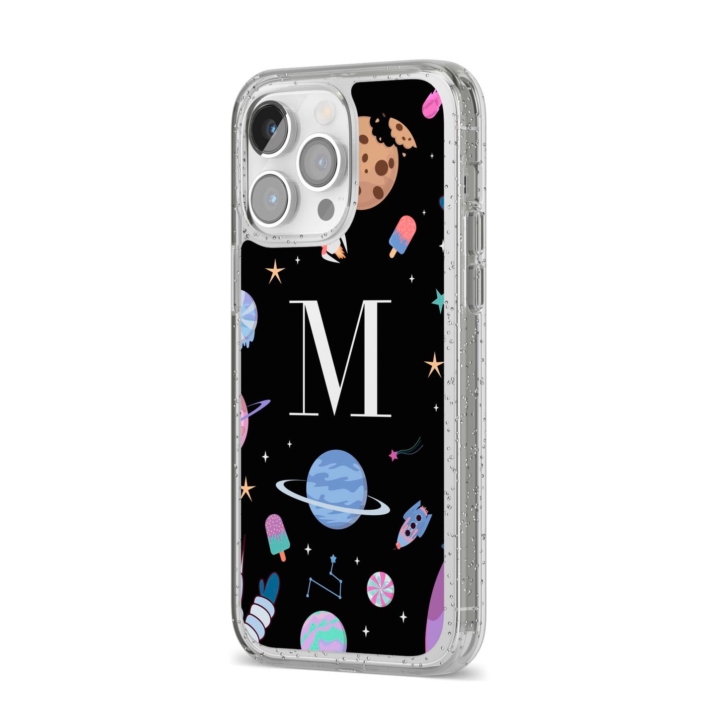 Initialled Candy Space Scene iPhone 14 Pro Max Glitter Tough Case Silver Angled Image