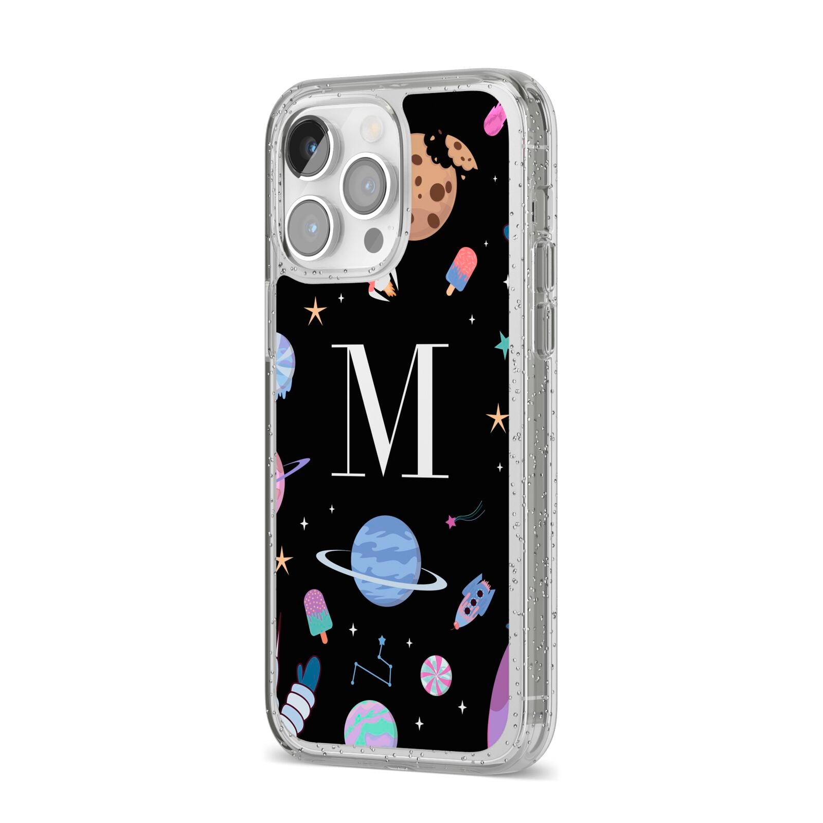 Initialled Candy Space Scene iPhone 14 Pro Max Glitter Tough Case Silver Angled Image