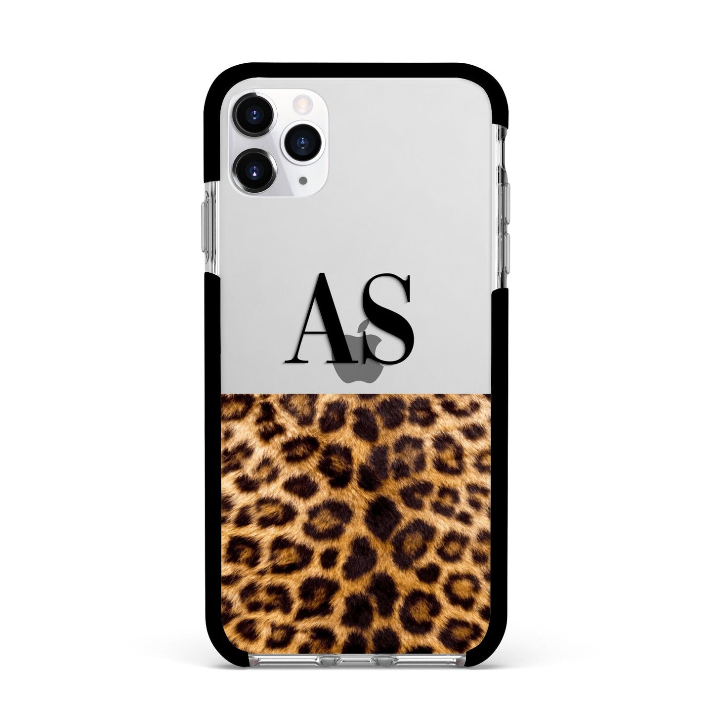 Initialled Leopard Print Apple iPhone 11 Pro Max in Silver with Black Impact Case