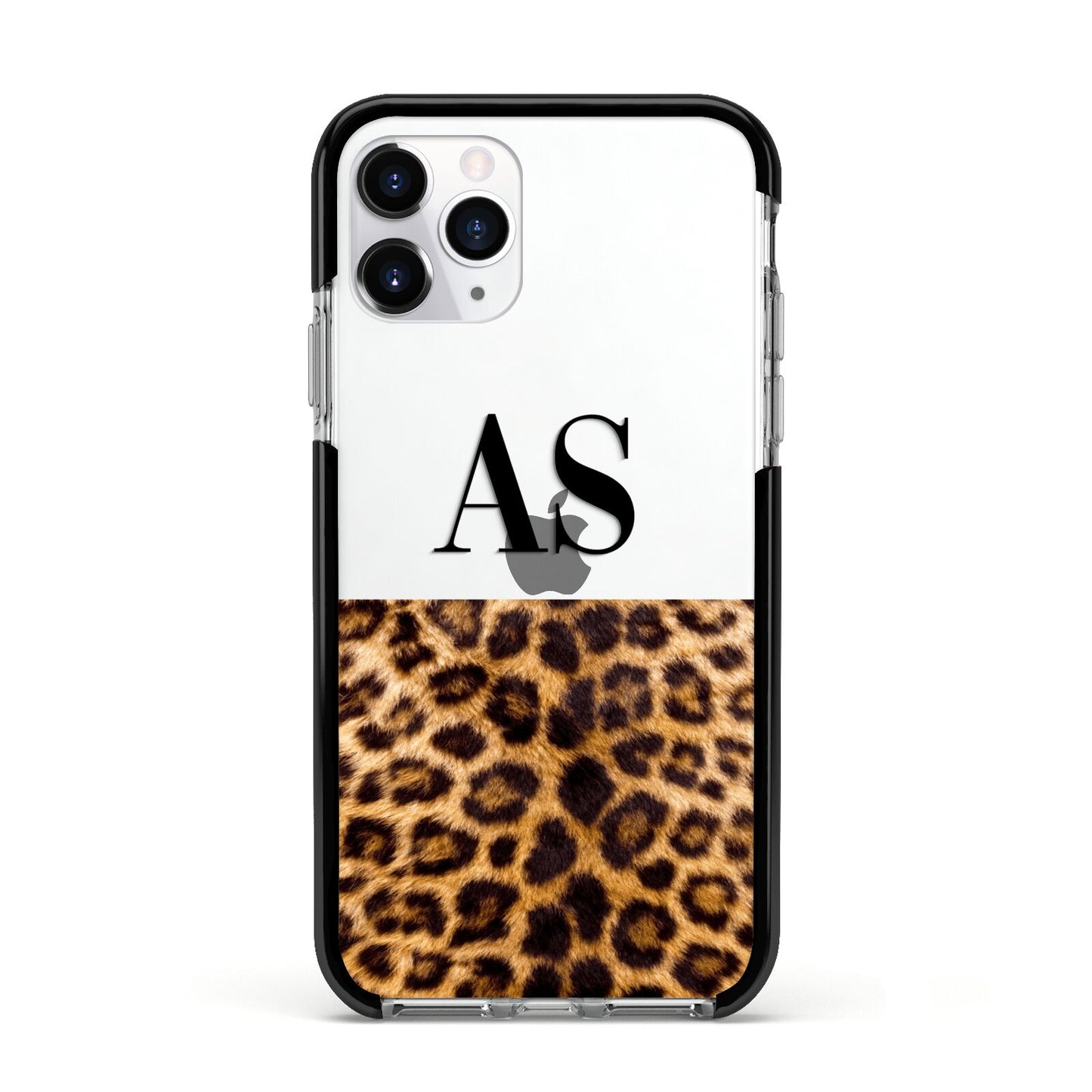 Initialled Leopard Print Apple iPhone 11 Pro in Silver with Black Impact Case