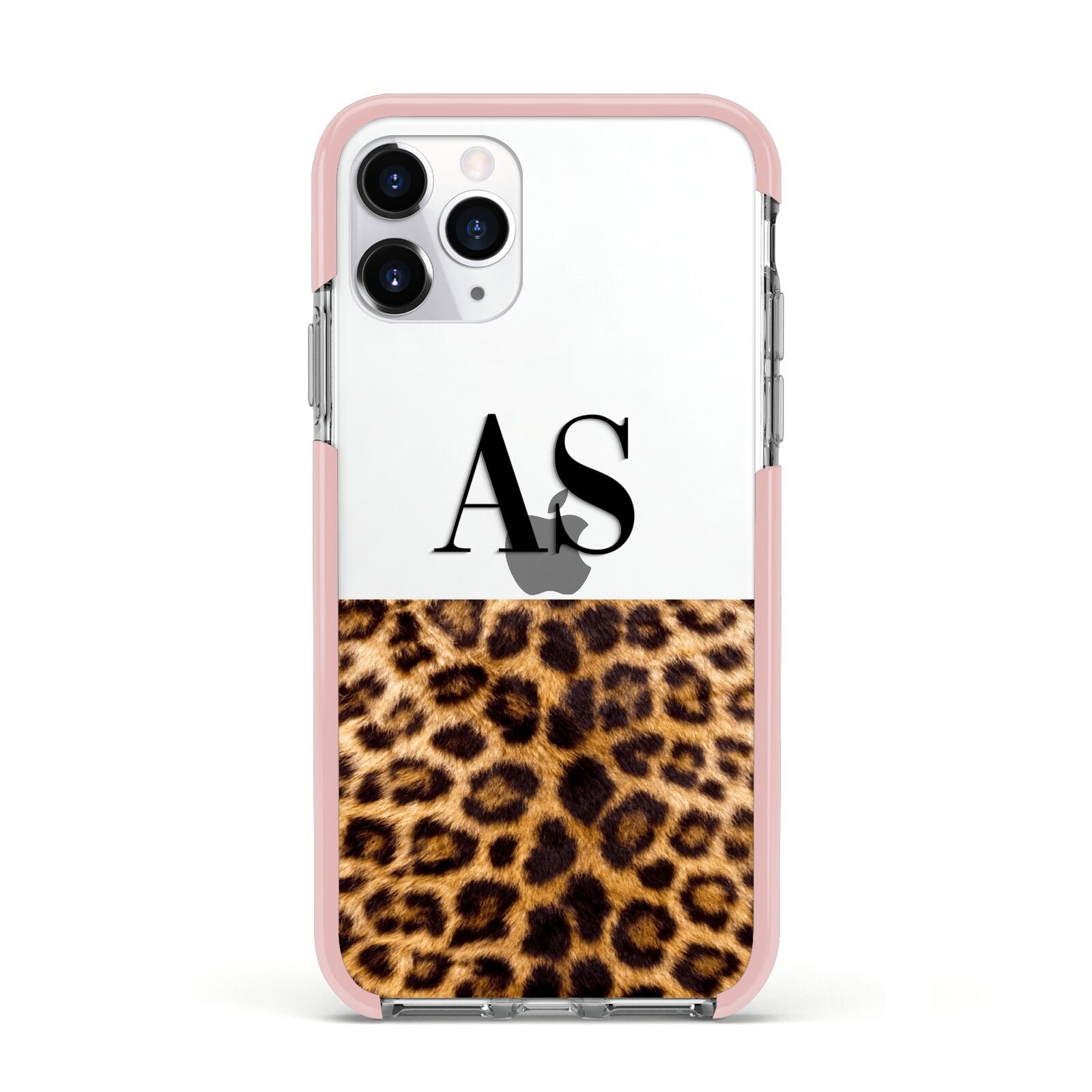 Initialled Leopard Print Apple iPhone 11 Pro in Silver with Pink Impact Case