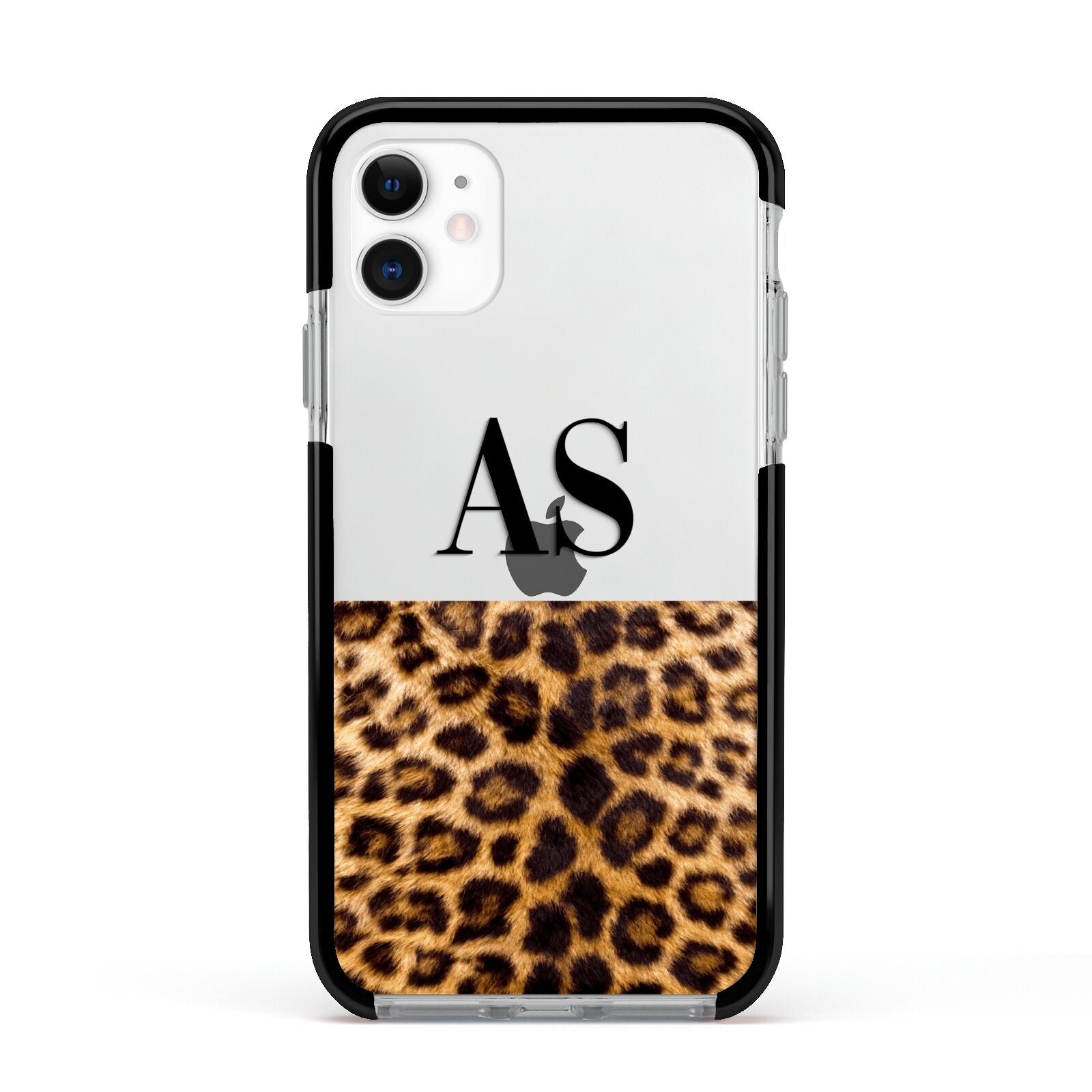 Initialled Leopard Print Apple iPhone 11 in White with Black Impact Case