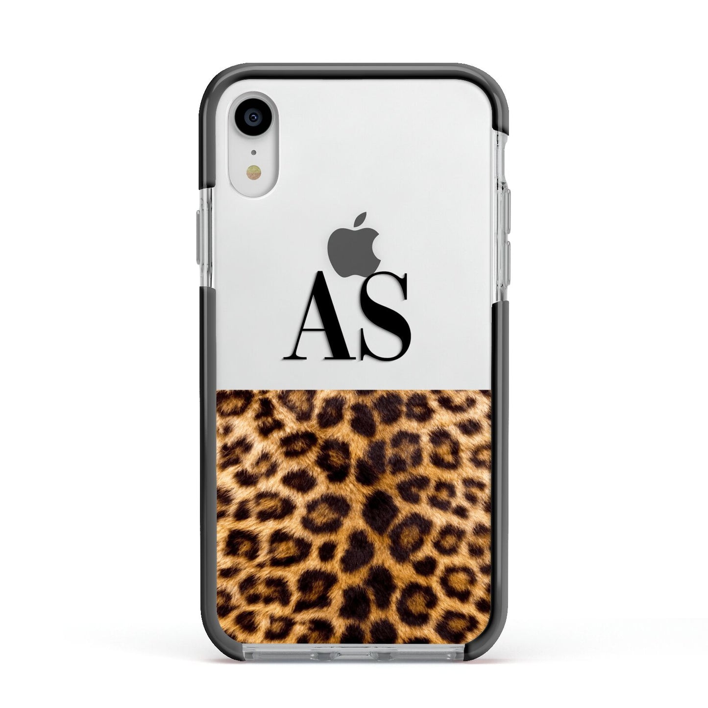Initialled Leopard Print Apple iPhone XR Impact Case Black Edge on Silver Phone