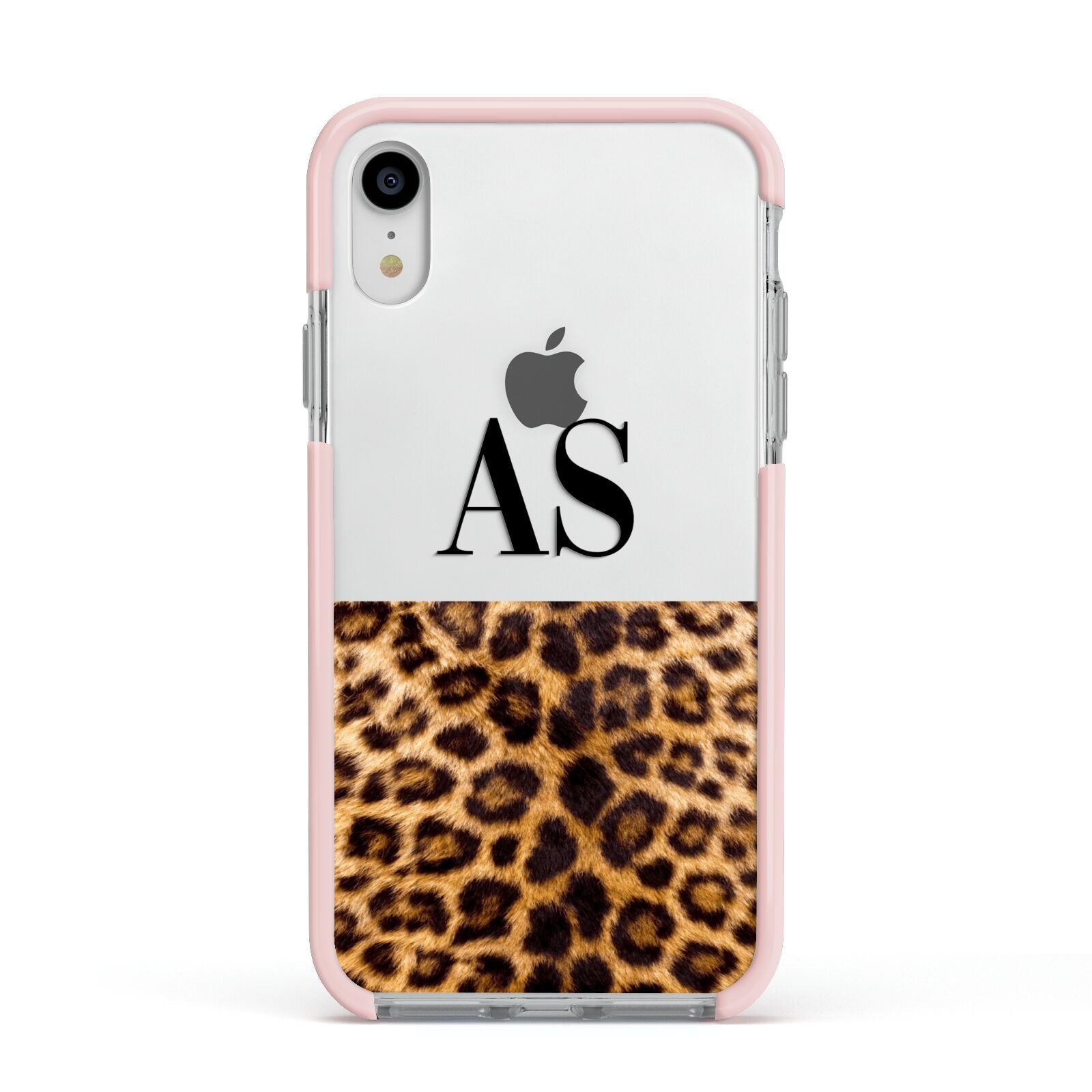 Initialled Leopard Print Apple iPhone XR Impact Case Pink Edge on Silver Phone