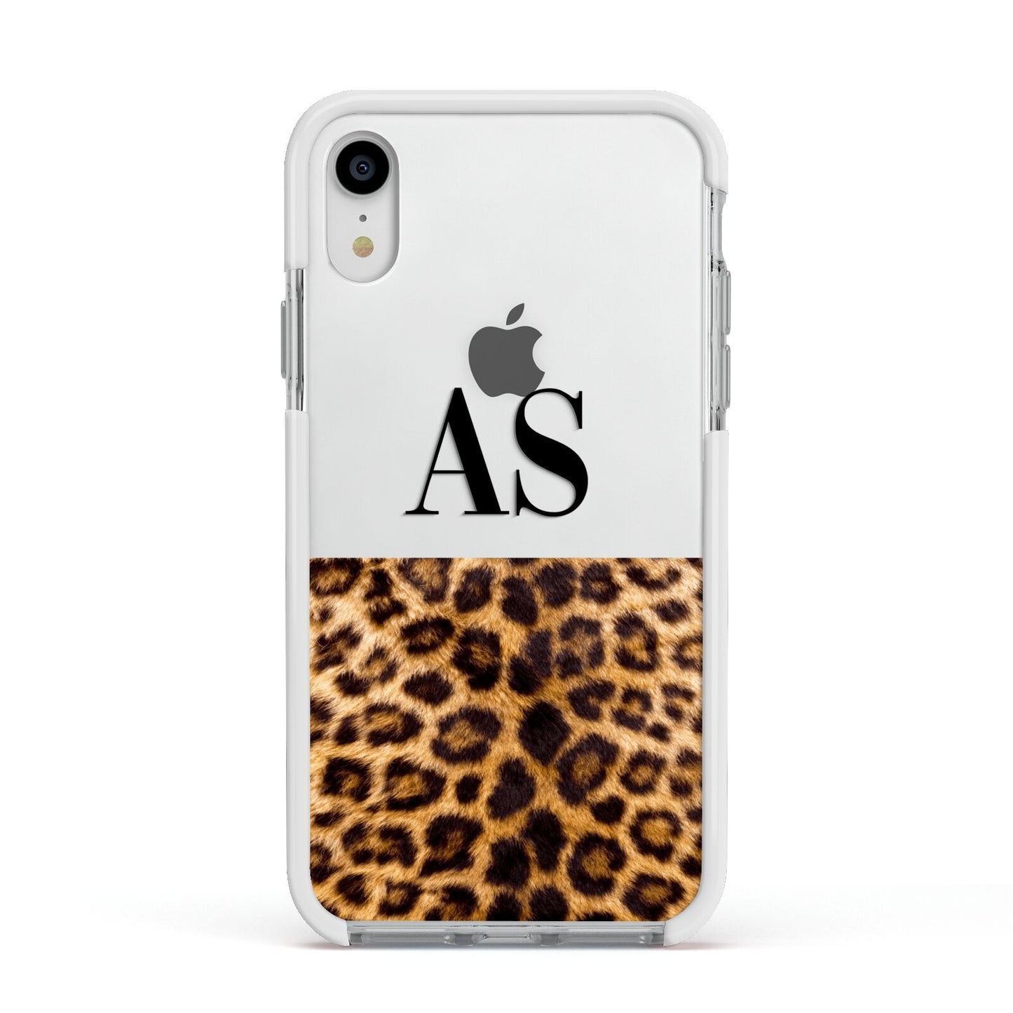 Initialled Leopard Print Apple iPhone XR Impact Case White Edge on Silver Phone