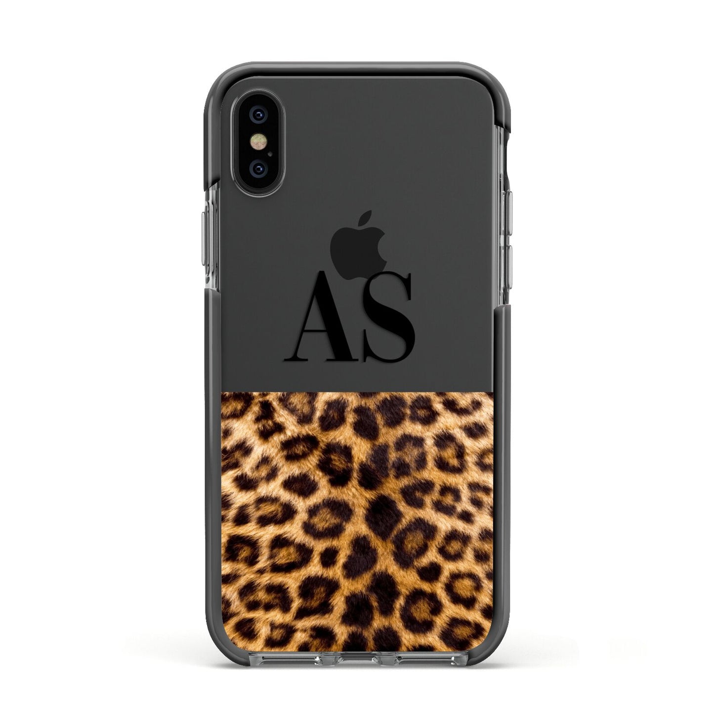 Initialled Leopard Print Apple iPhone Xs Impact Case Black Edge on Black Phone