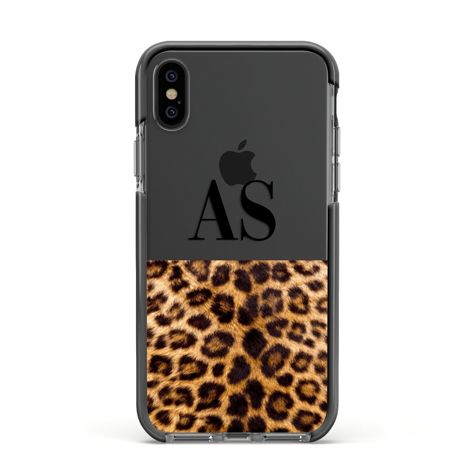 Initialled Leopard Print Apple iPhone Xs Impact Case Black Edge on Black Phone