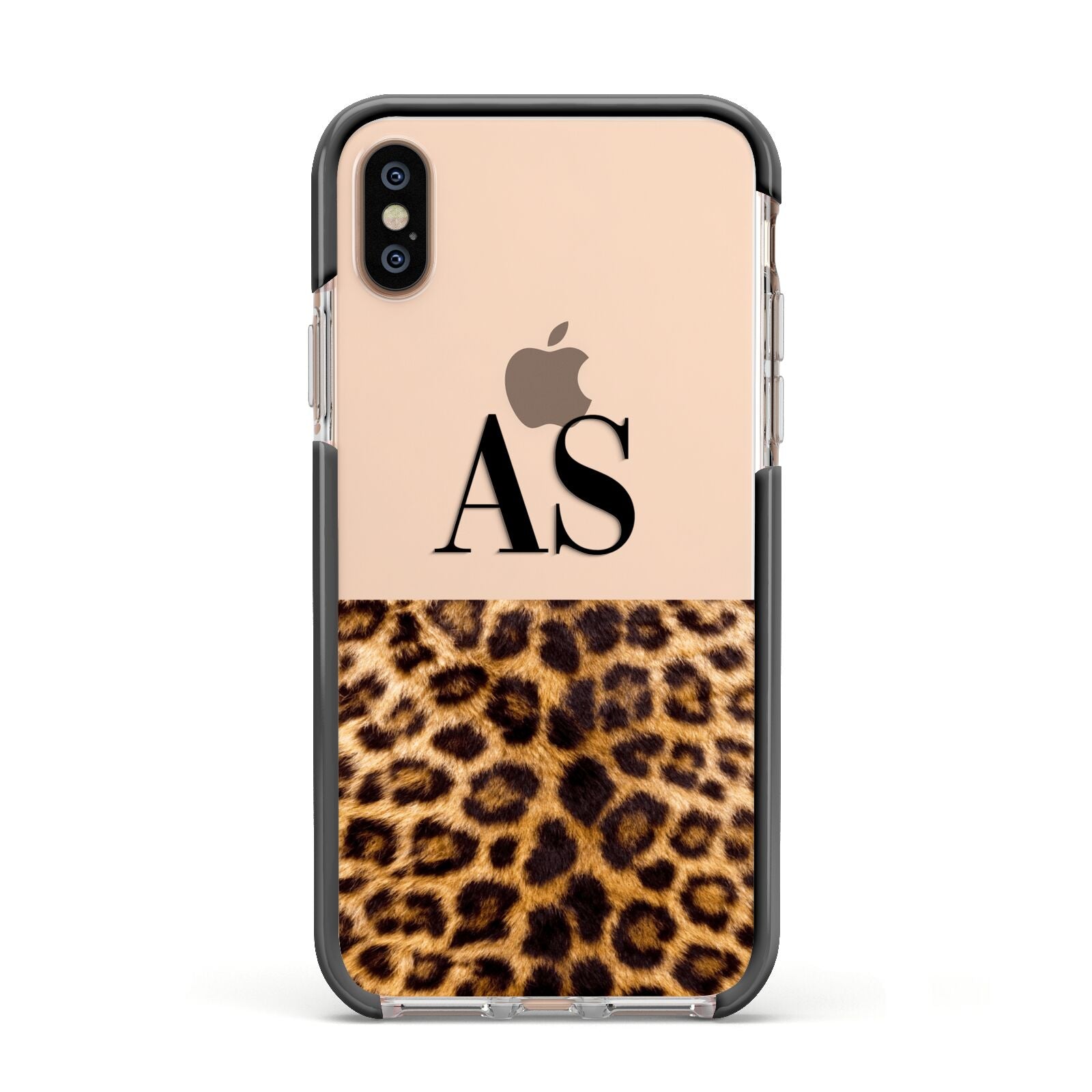 Initialled Leopard Print Apple iPhone Xs Impact Case Black Edge on Gold Phone