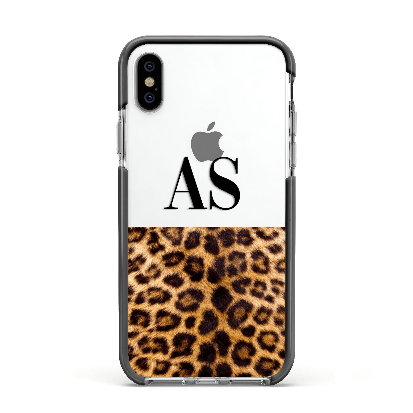 Initialled Leopard Print Apple iPhone Xs Impact Case Black Edge on Silver Phone