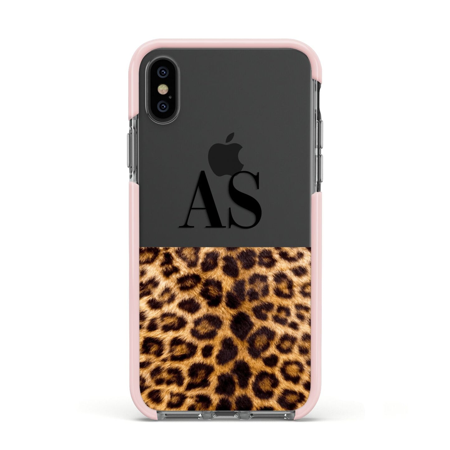 Initialled Leopard Print Apple iPhone Xs Impact Case Pink Edge on Black Phone