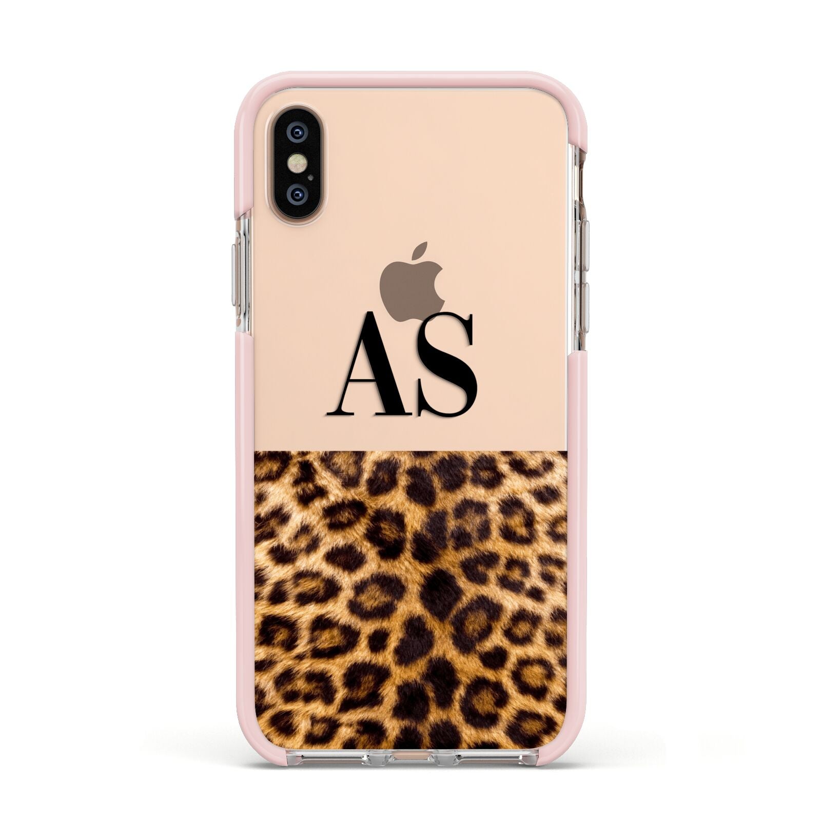 Initialled Leopard Print Apple iPhone Xs Impact Case Pink Edge on Gold Phone