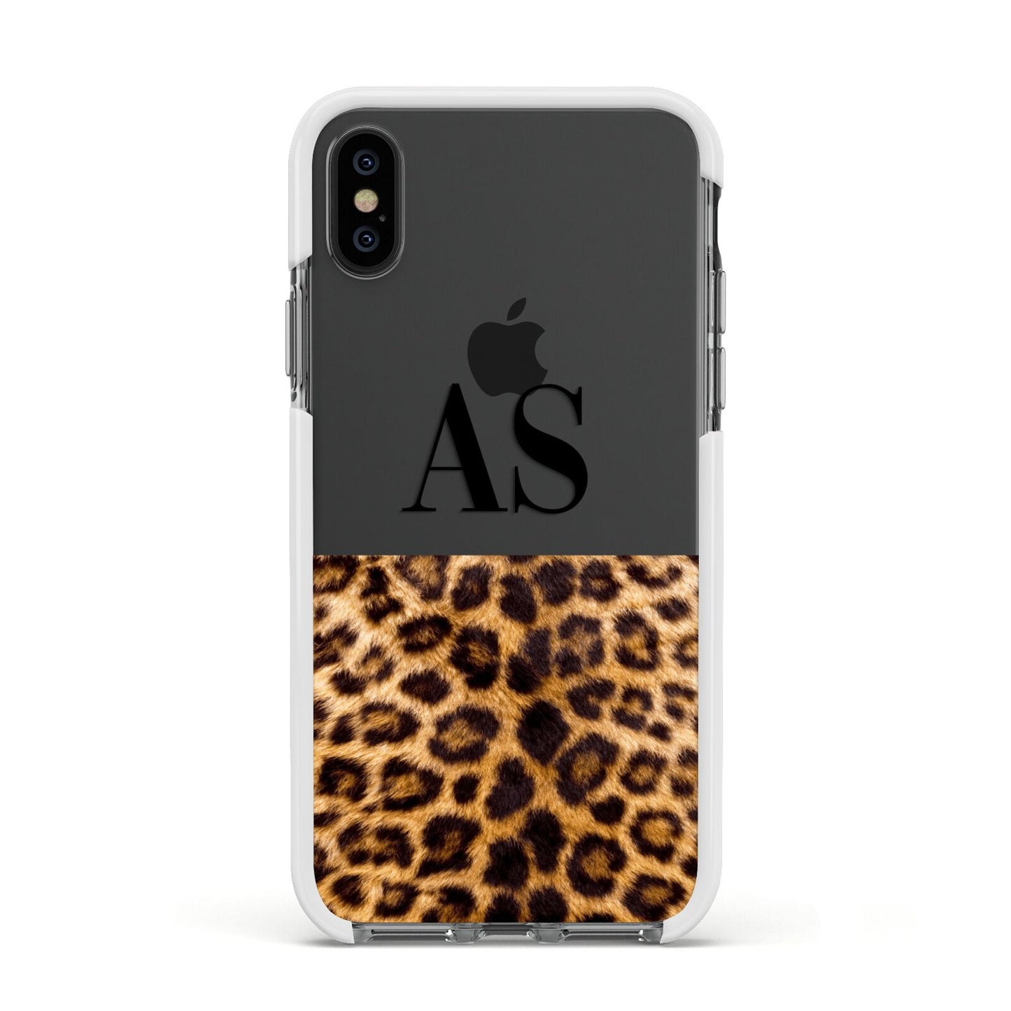 Initialled Leopard Print Apple iPhone Xs Impact Case White Edge on Black Phone