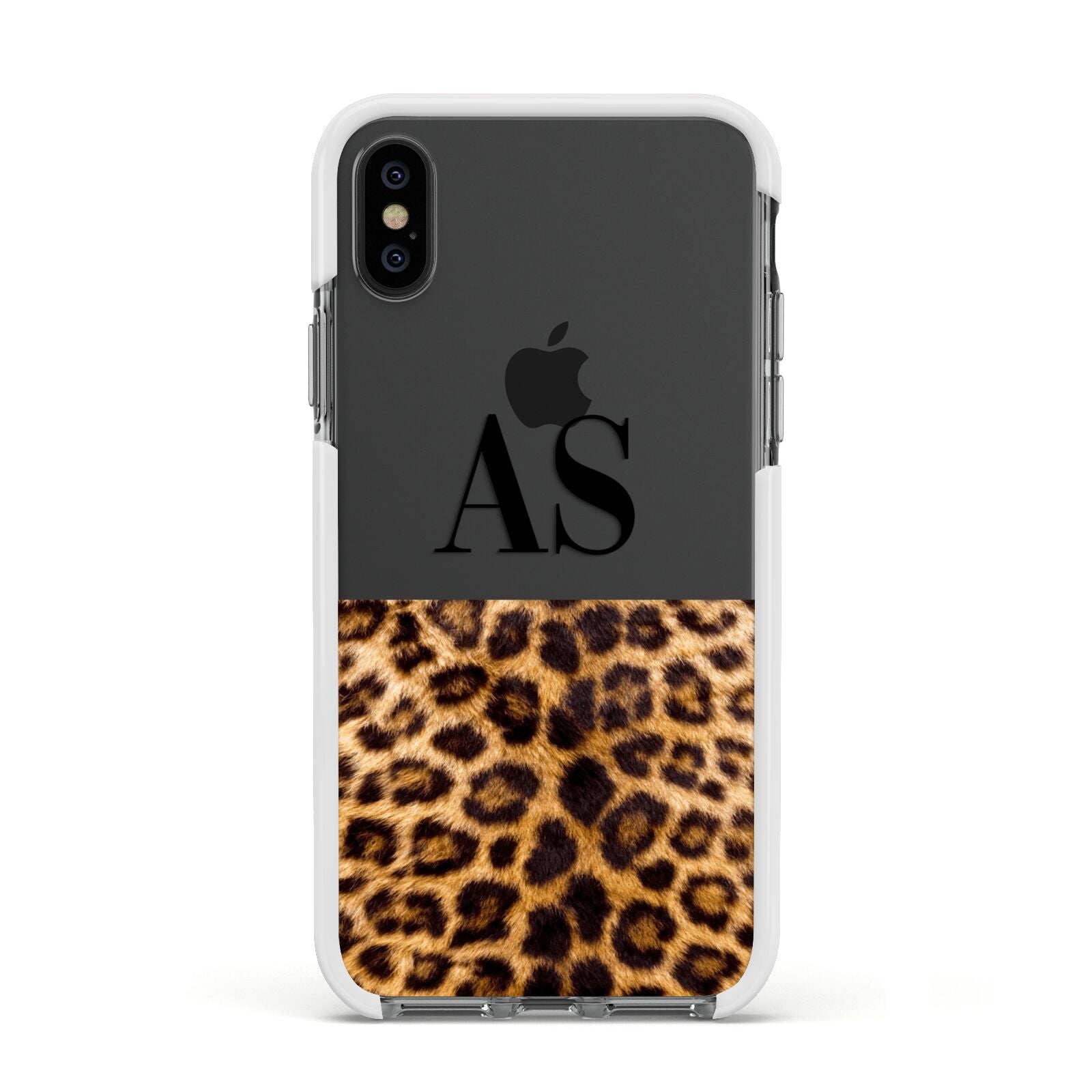 Initialled Leopard Print Apple iPhone Xs Impact Case White Edge on Black Phone