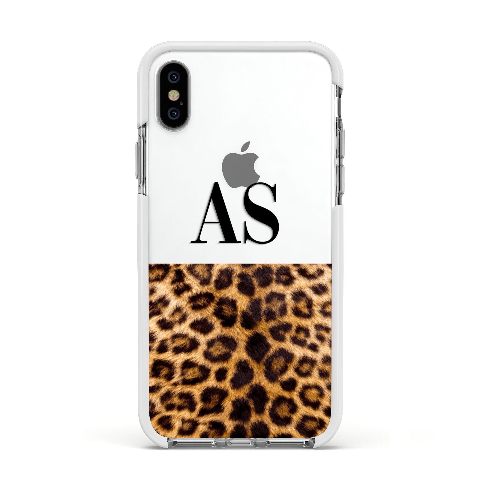 Initialled Leopard Print Apple iPhone Xs Impact Case White Edge on Silver Phone