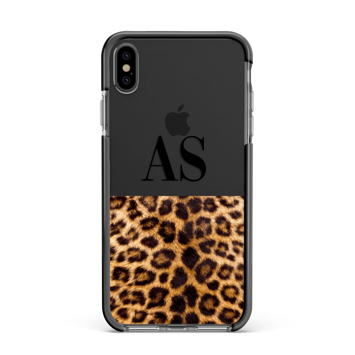 Initialled Leopard Print Apple iPhone Xs Max Impact Case Black Edge on Black Phone