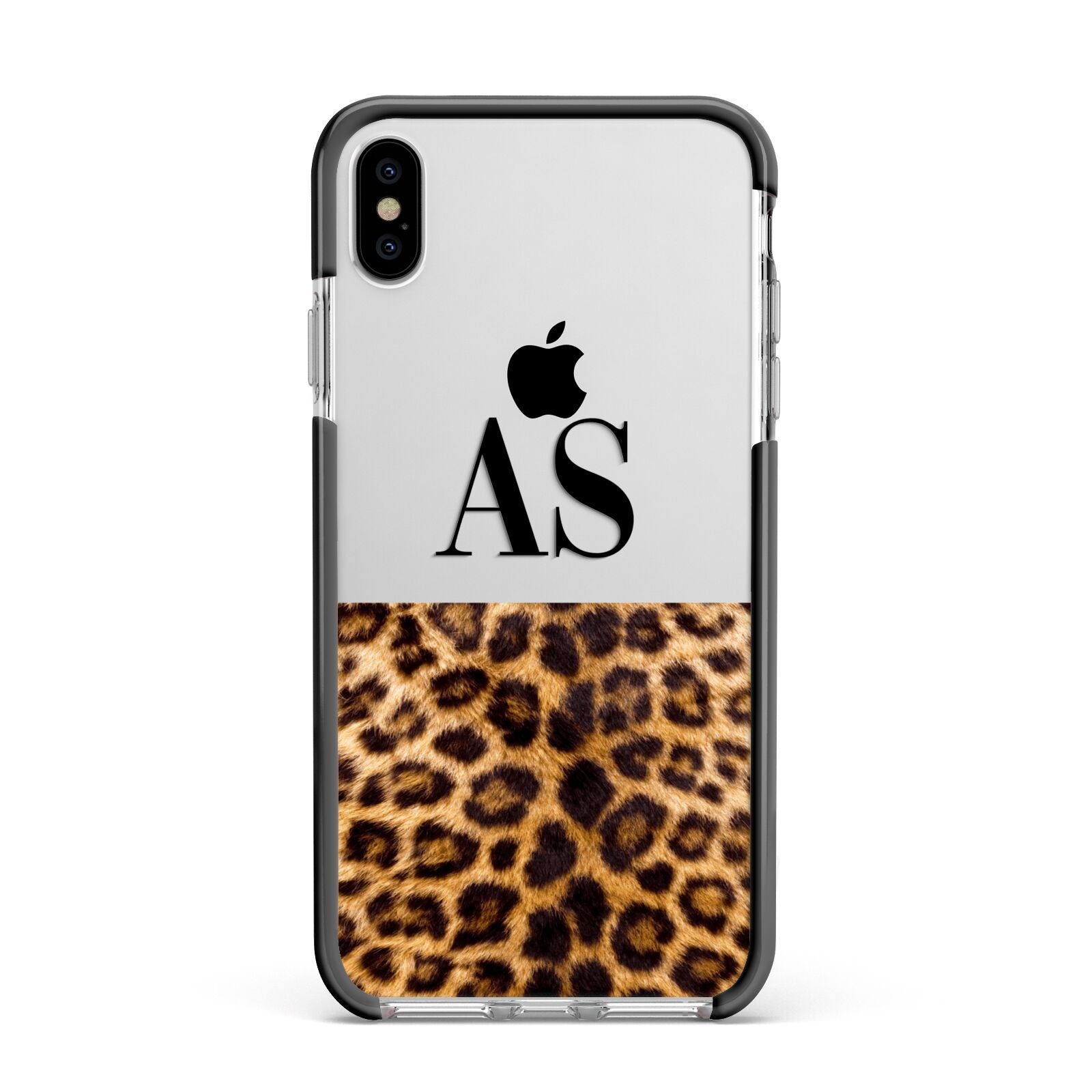 Initialled Leopard Print Apple iPhone Xs Max Impact Case Black Edge on Silver Phone