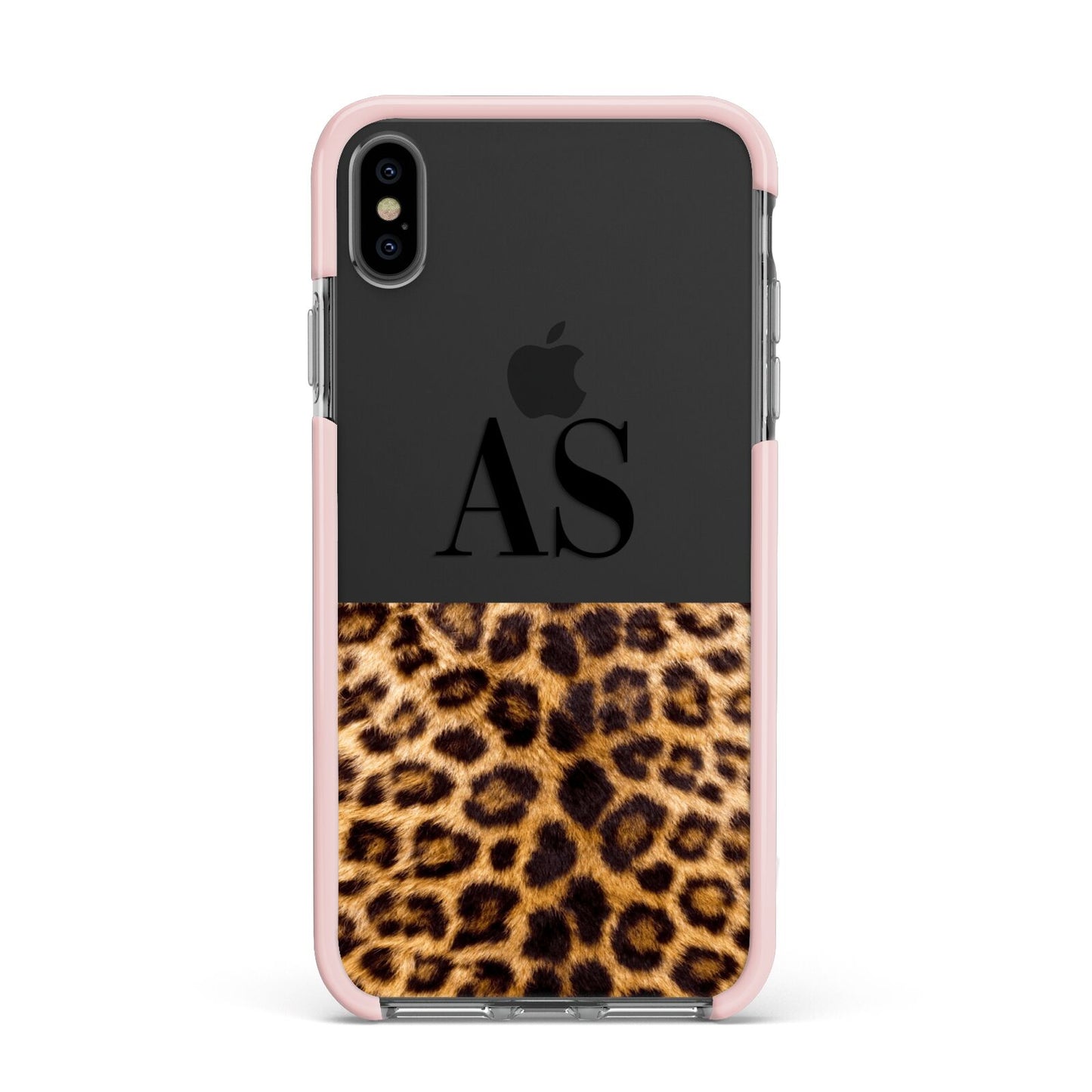 Initialled Leopard Print Apple iPhone Xs Max Impact Case Pink Edge on Black Phone