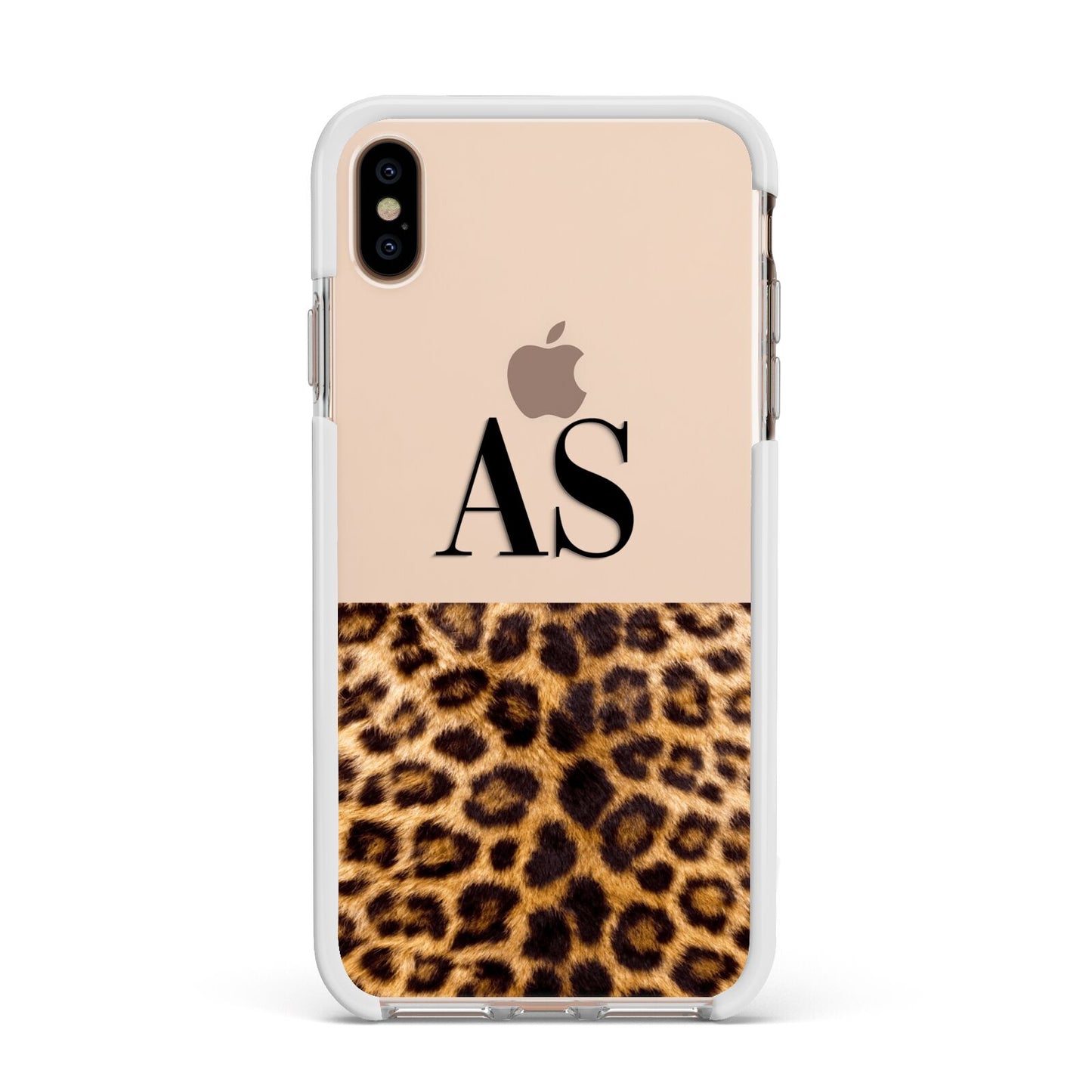 Initialled Leopard Print Apple iPhone Xs Max Impact Case White Edge on Gold Phone