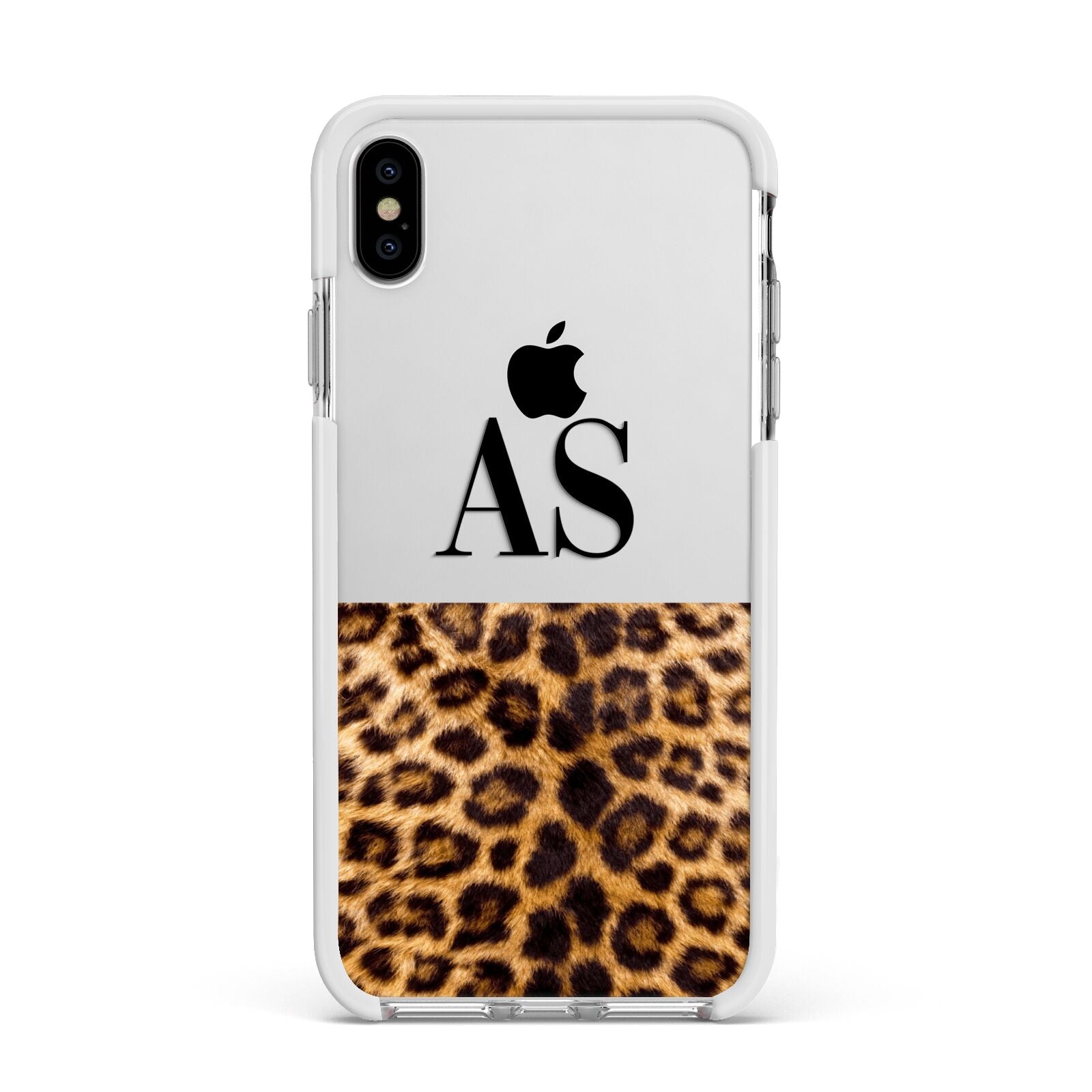 Initialled Leopard Print Apple iPhone Xs Max Impact Case White Edge on Silver Phone
