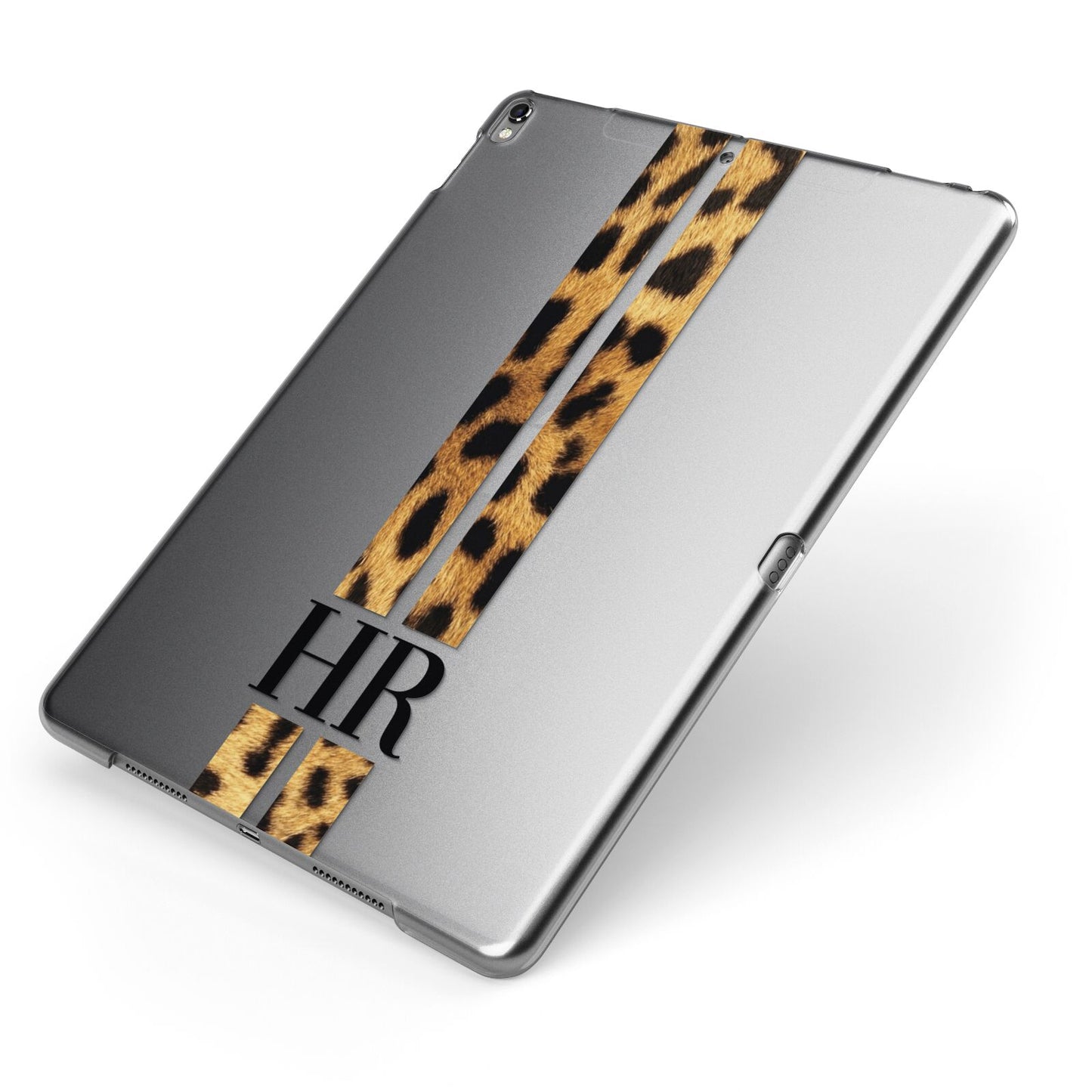 Initialled Leopard Print Stripes Apple iPad Case on Grey iPad Side View