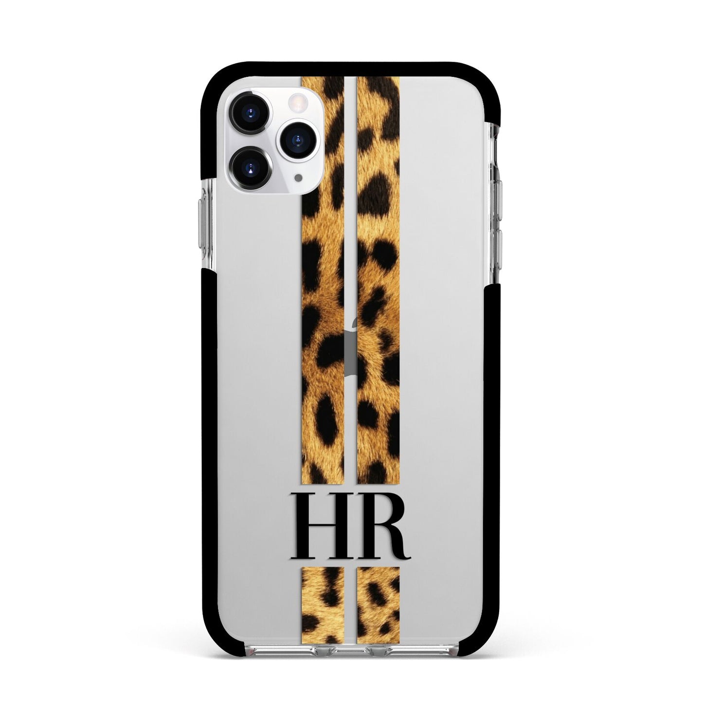 Initialled Leopard Print Stripes Apple iPhone 11 Pro Max in Silver with Black Impact Case