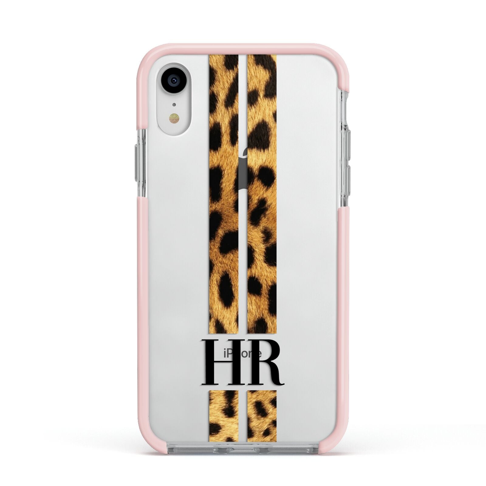 Initialled Leopard Print Stripes Apple iPhone XR Impact Case Pink Edge on Silver Phone
