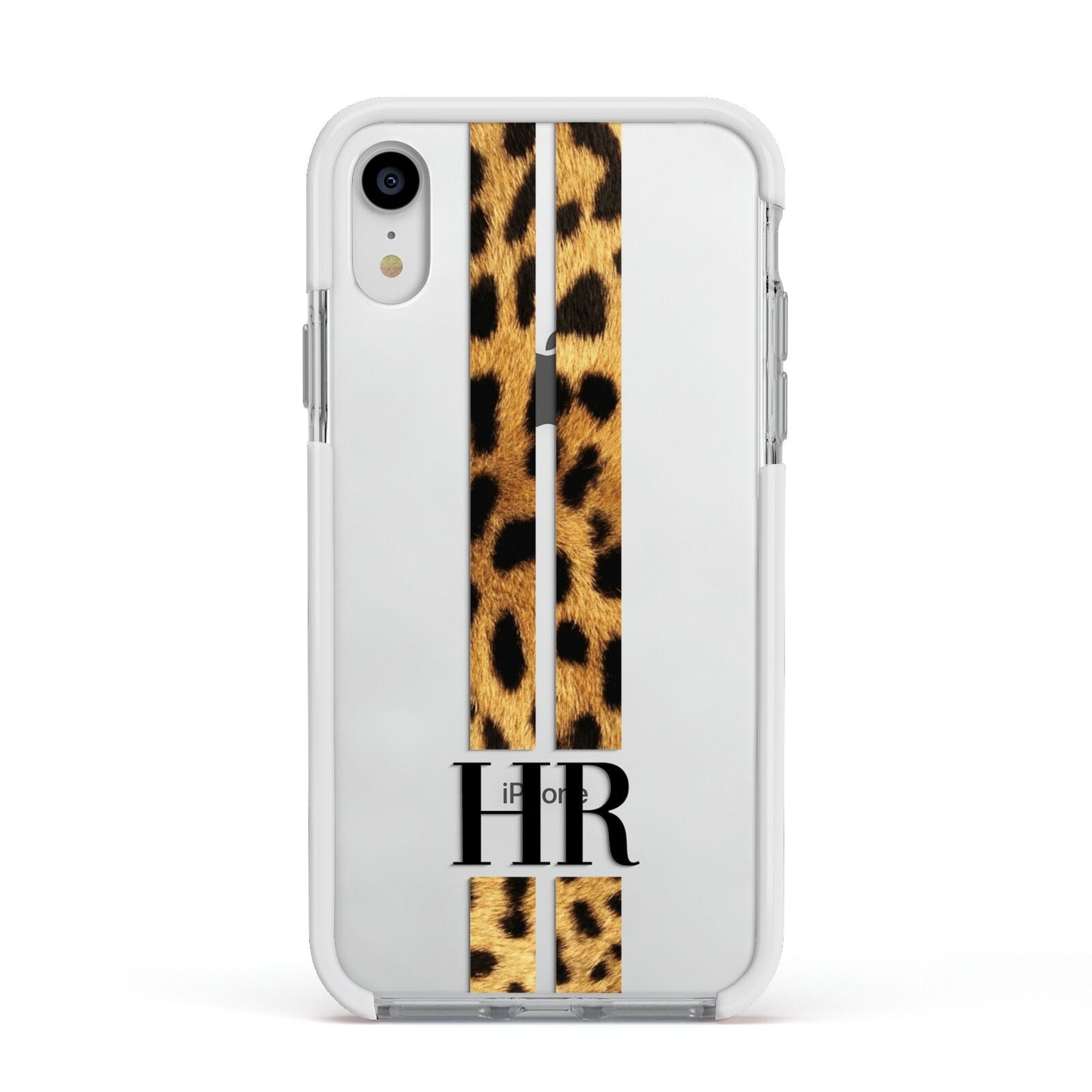 Initialled Leopard Print Stripes Apple iPhone XR Impact Case White Edge on Silver Phone