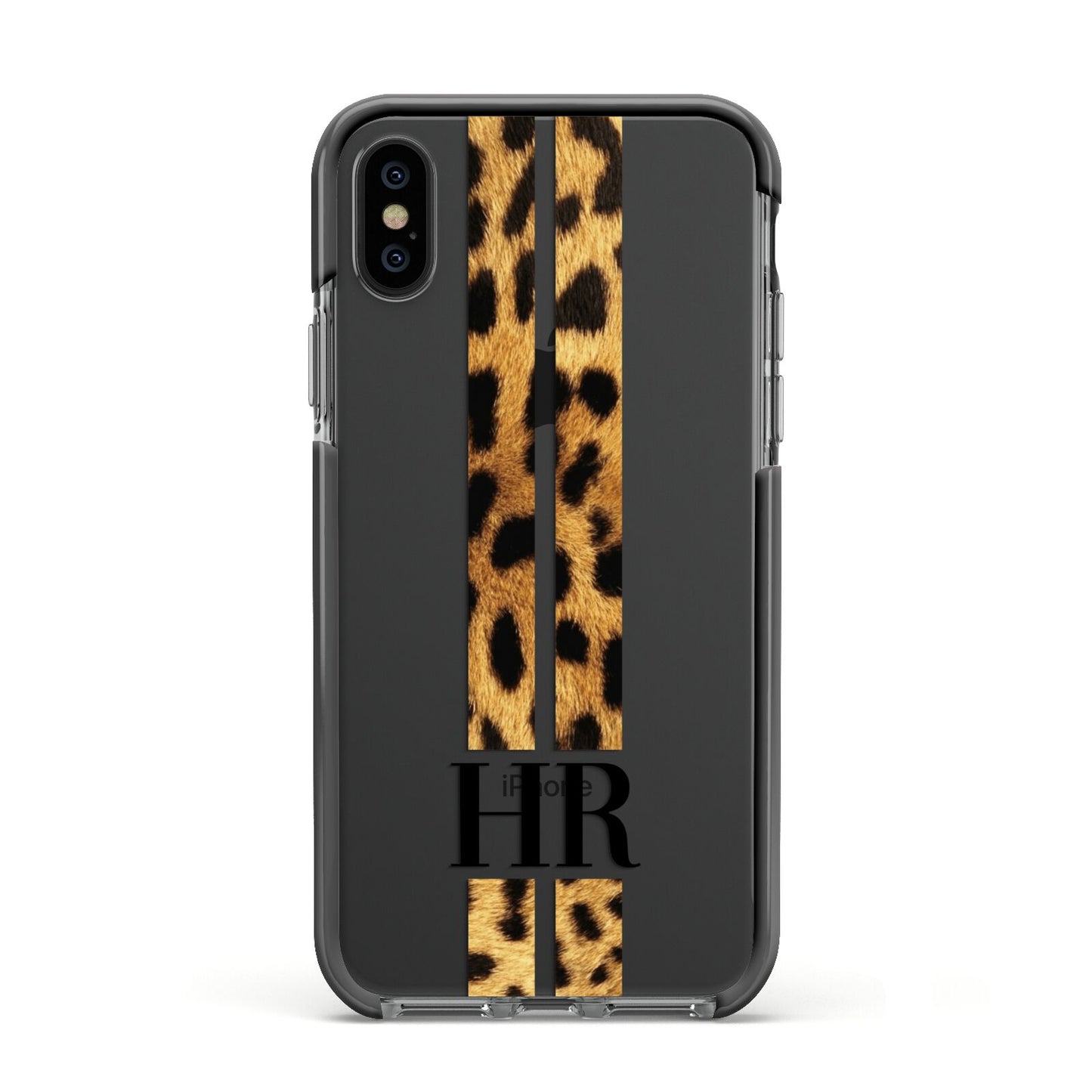 Initialled Leopard Print Stripes Apple iPhone Xs Impact Case Black Edge on Black Phone