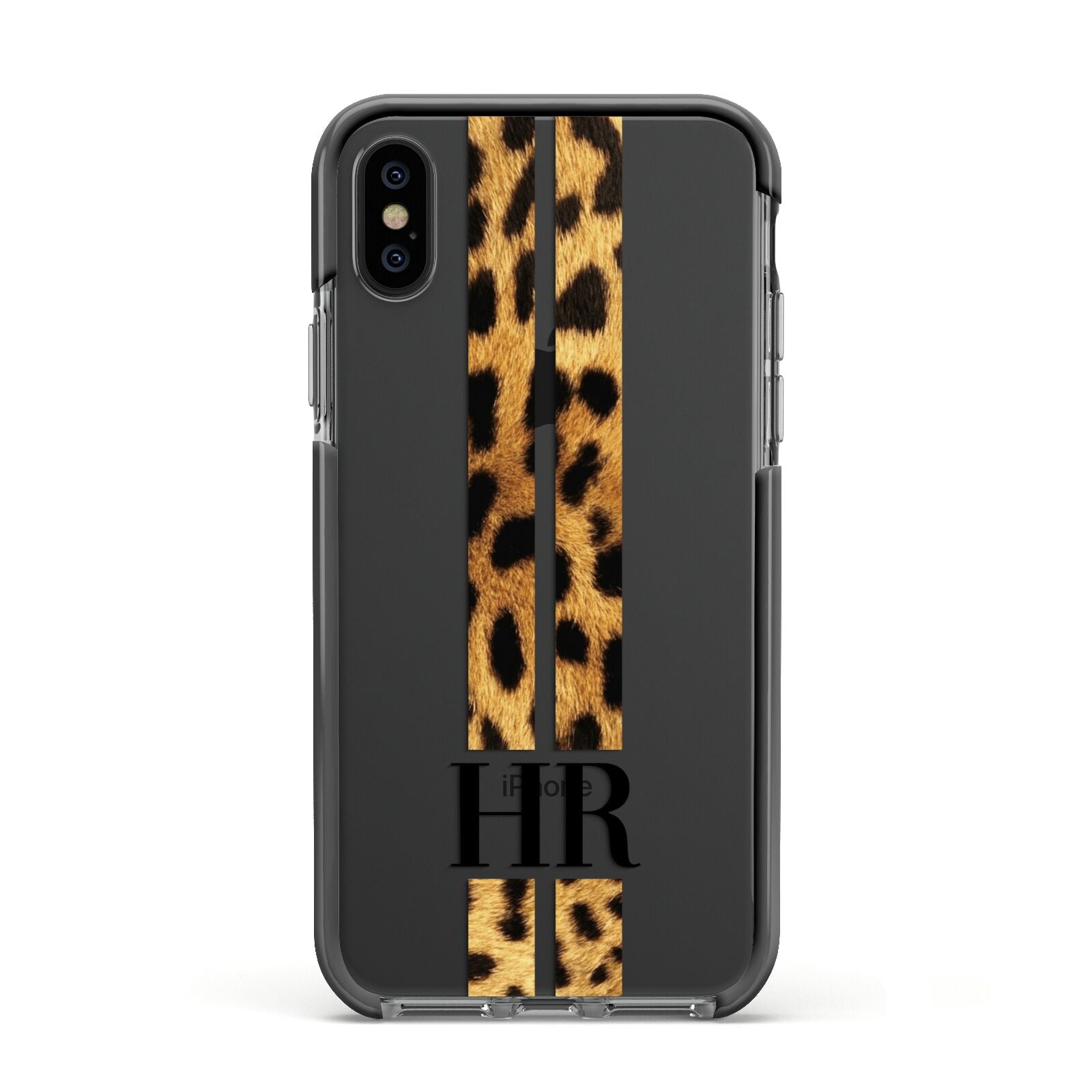 Initialled Leopard Print Stripes Apple iPhone Xs Impact Case Black Edge on Black Phone