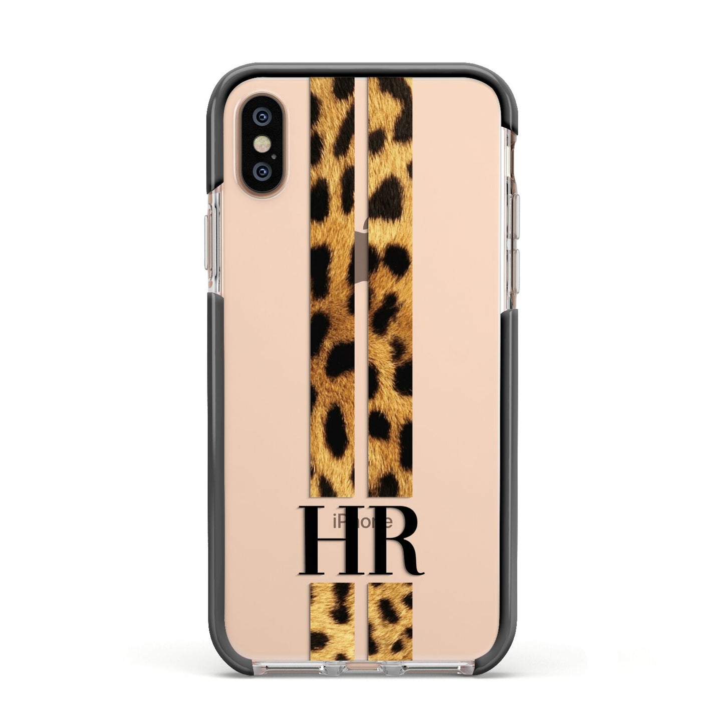 Initialled Leopard Print Stripes Apple iPhone Xs Impact Case Black Edge on Gold Phone