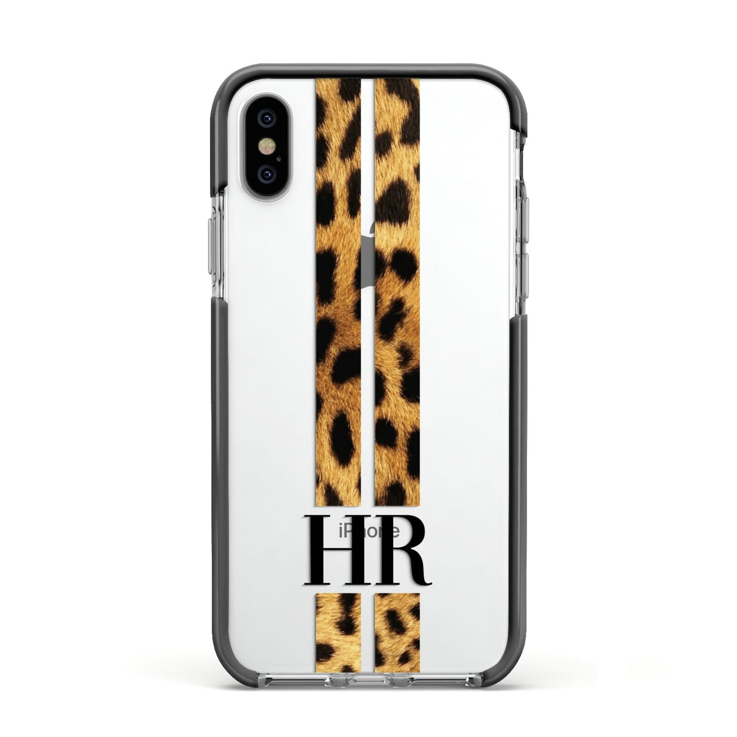 Initialled Leopard Print Stripes Apple iPhone Xs Impact Case Black Edge on Silver Phone
