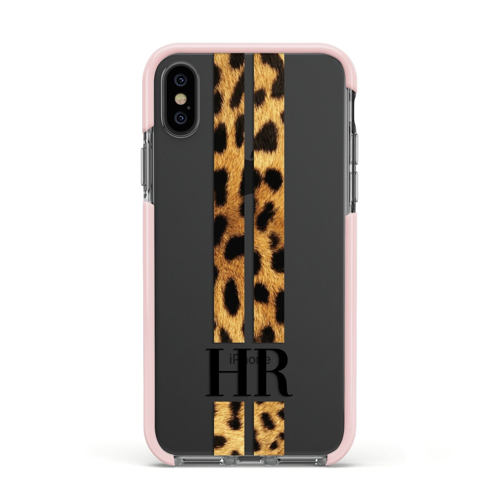Initialled Leopard Print Stripes Apple iPhone Xs Impact Case Pink Edge on Black Phone