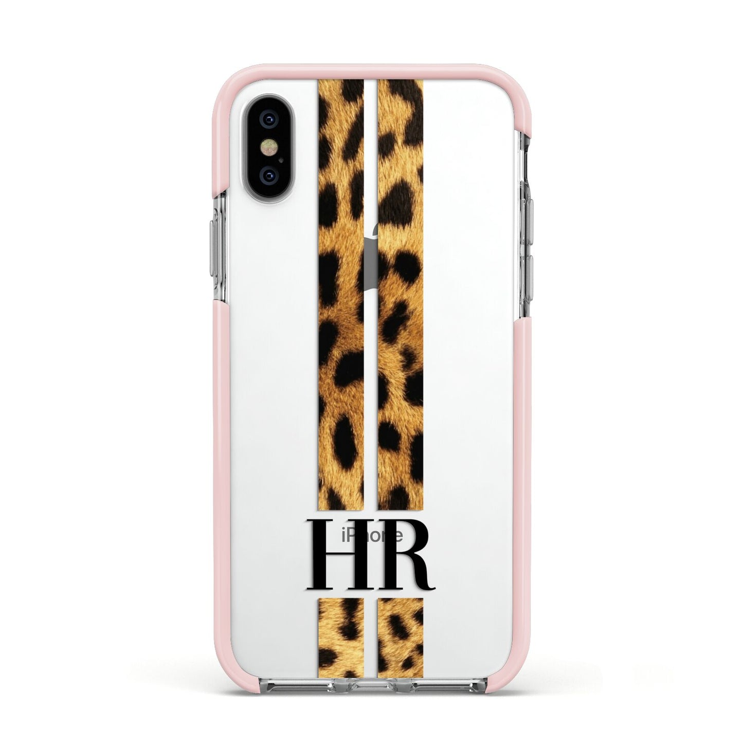 Initialled Leopard Print Stripes Apple iPhone Xs Impact Case Pink Edge on Silver Phone