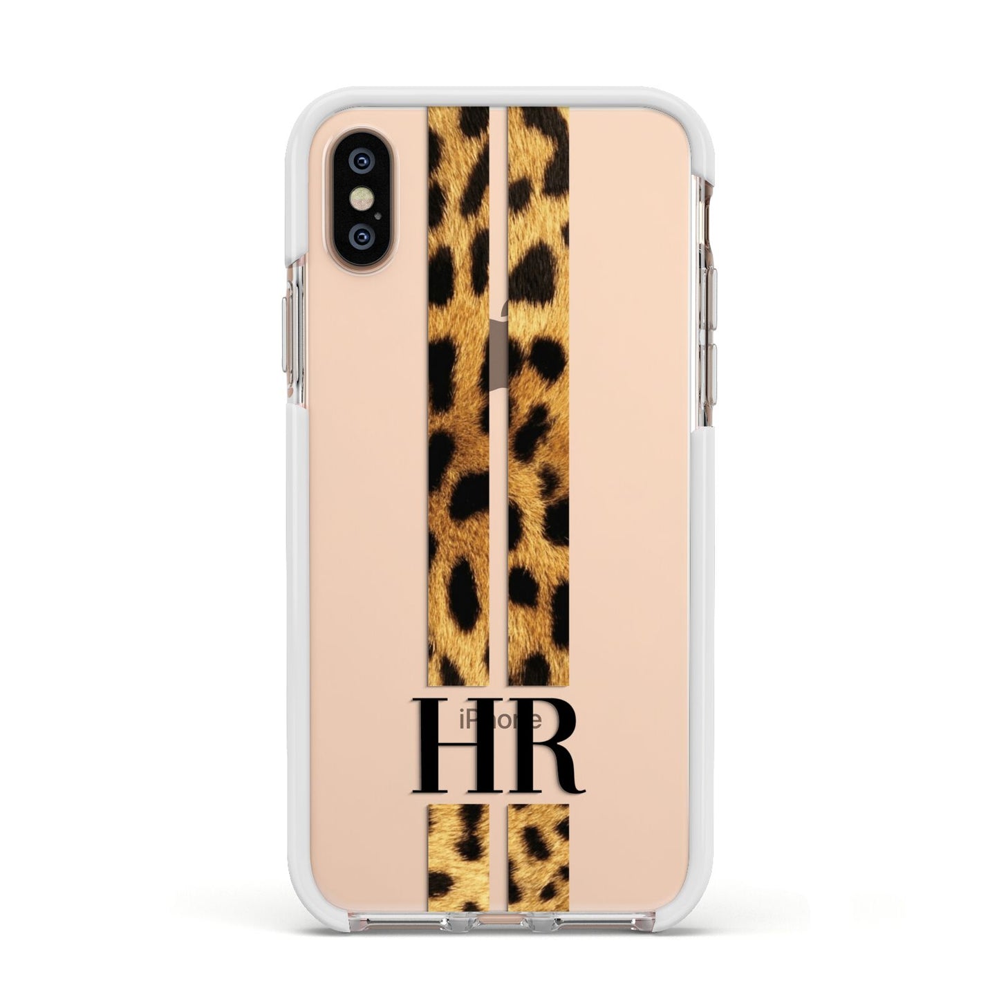 Initialled Leopard Print Stripes Apple iPhone Xs Impact Case White Edge on Gold Phone