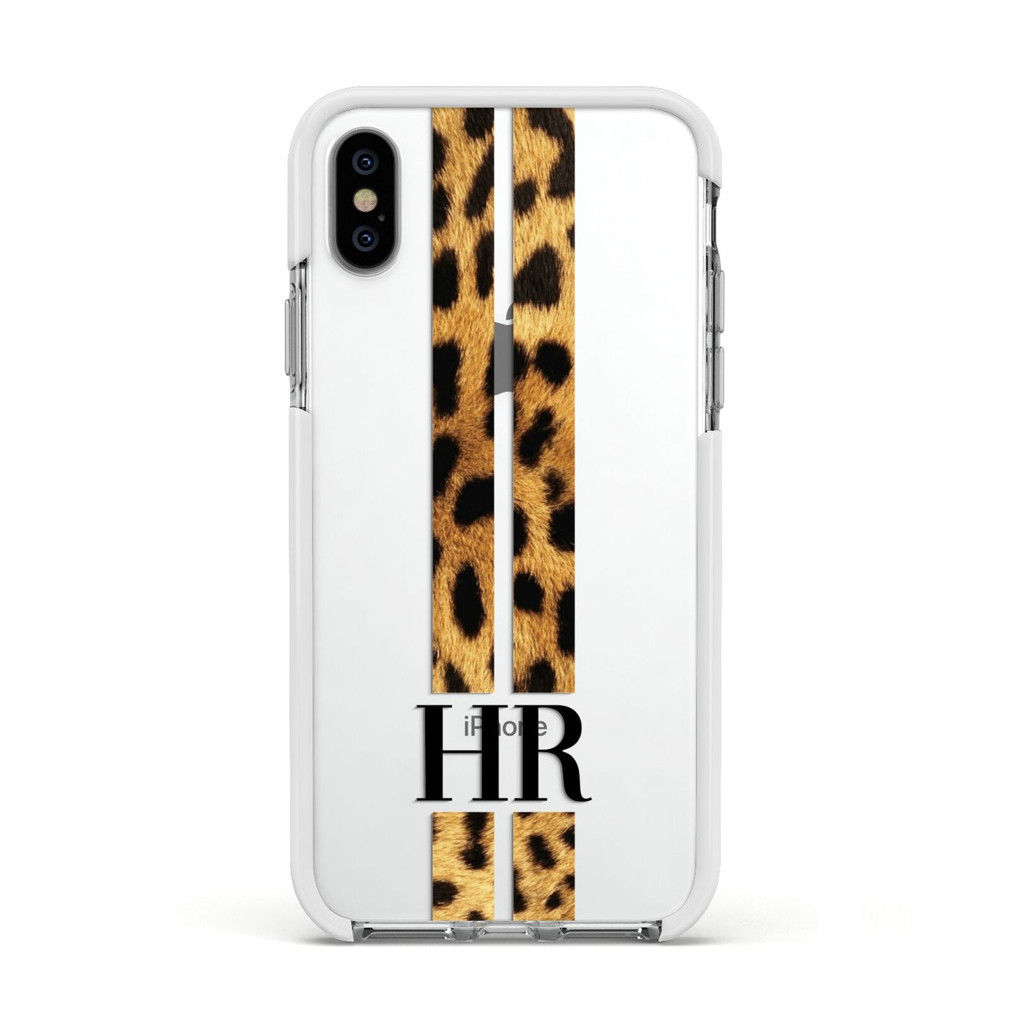 Initialled Leopard Print Stripes Apple iPhone Xs Impact Case White Edge on Silver Phone