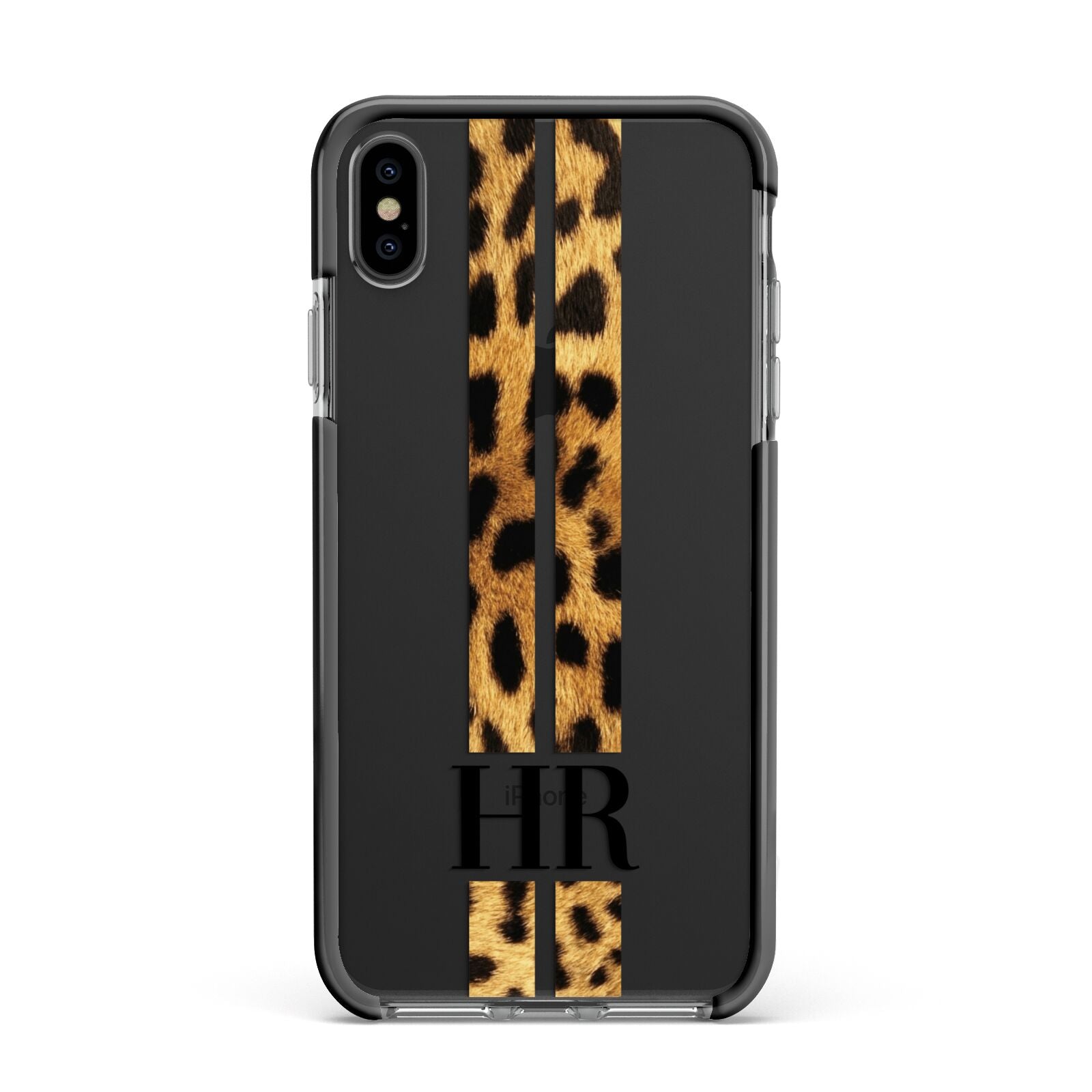 Initialled Leopard Print Stripes Apple iPhone Xs Max Impact Case Black Edge on Black Phone