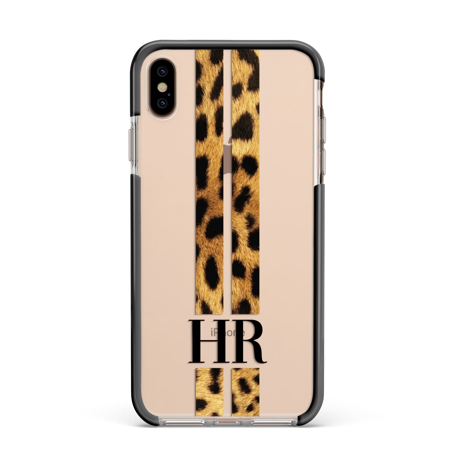 Initialled Leopard Print Stripes Apple iPhone Xs Max Impact Case Black Edge on Gold Phone