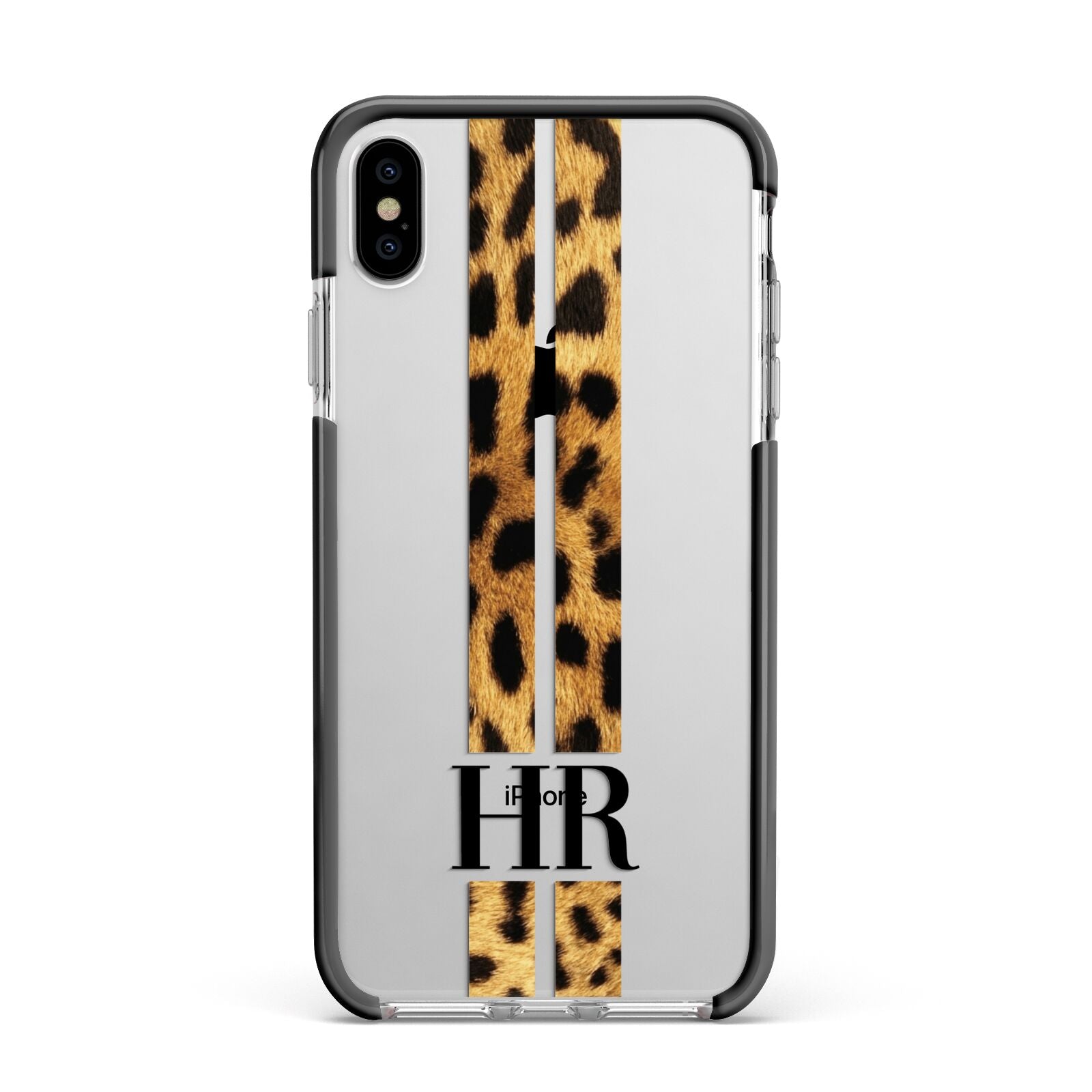 Initialled Leopard Print Stripes Apple iPhone Xs Max Impact Case Black Edge on Silver Phone