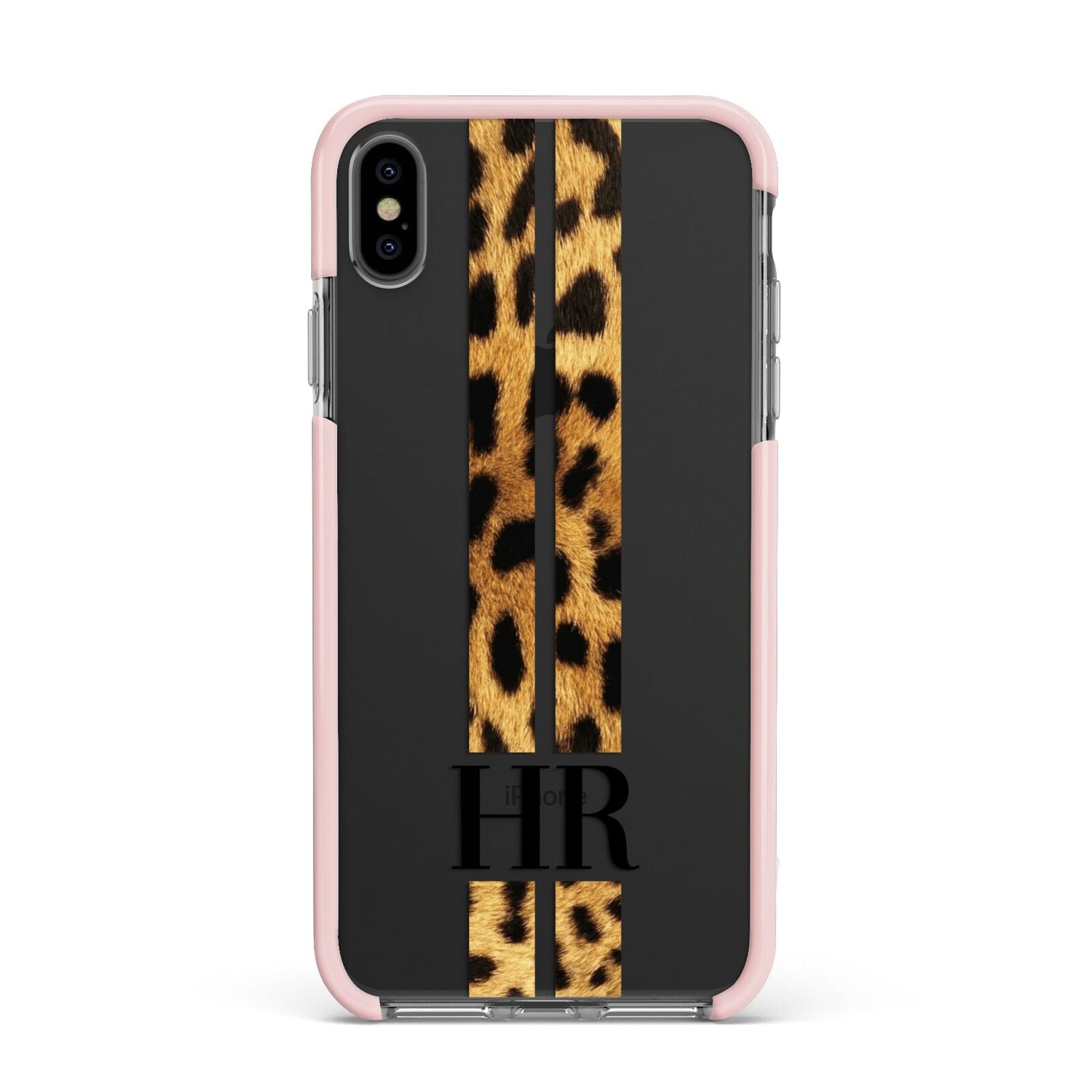 Initialled Leopard Print Stripes Apple iPhone Xs Max Impact Case Pink Edge on Black Phone