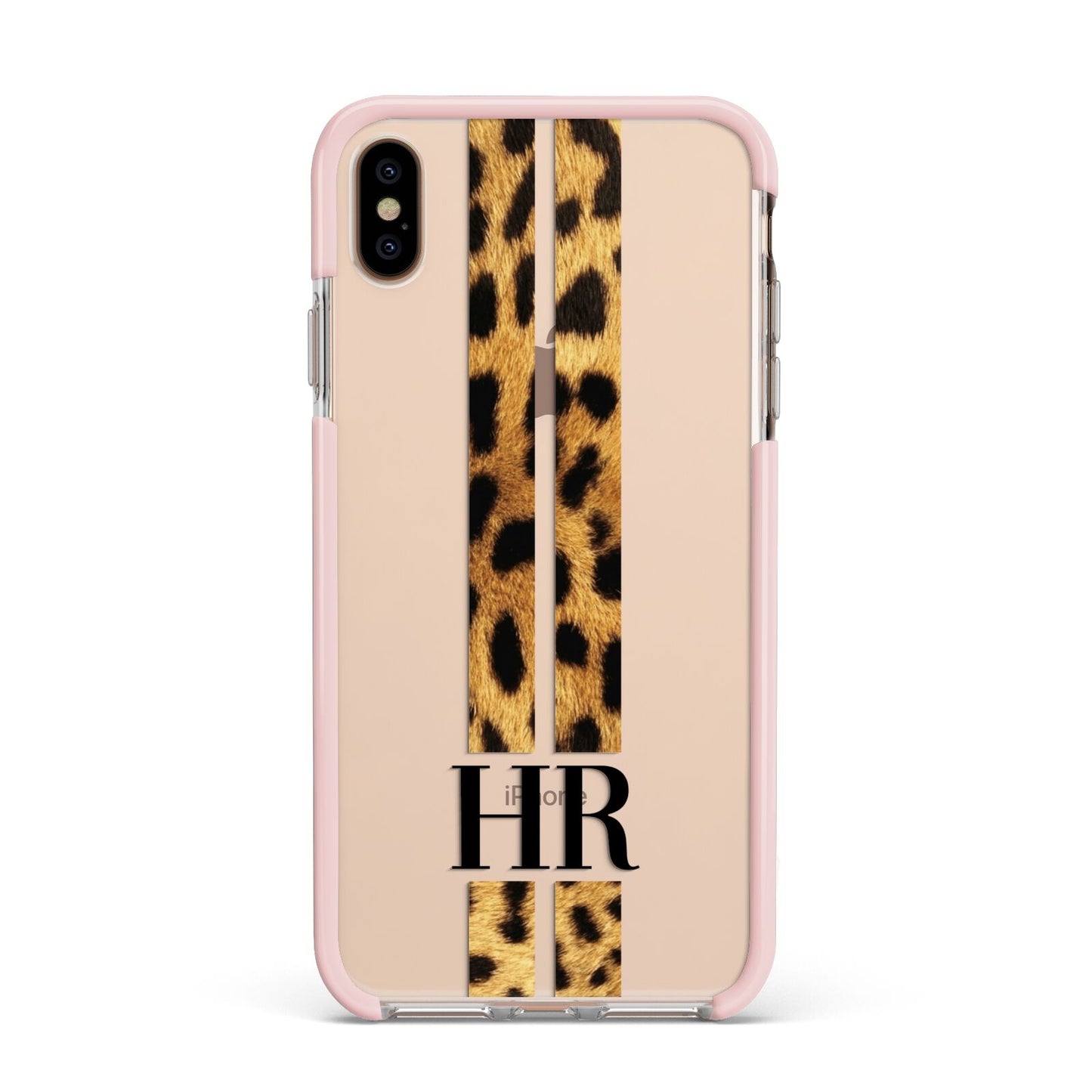 Initialled Leopard Print Stripes Apple iPhone Xs Max Impact Case Pink Edge on Gold Phone