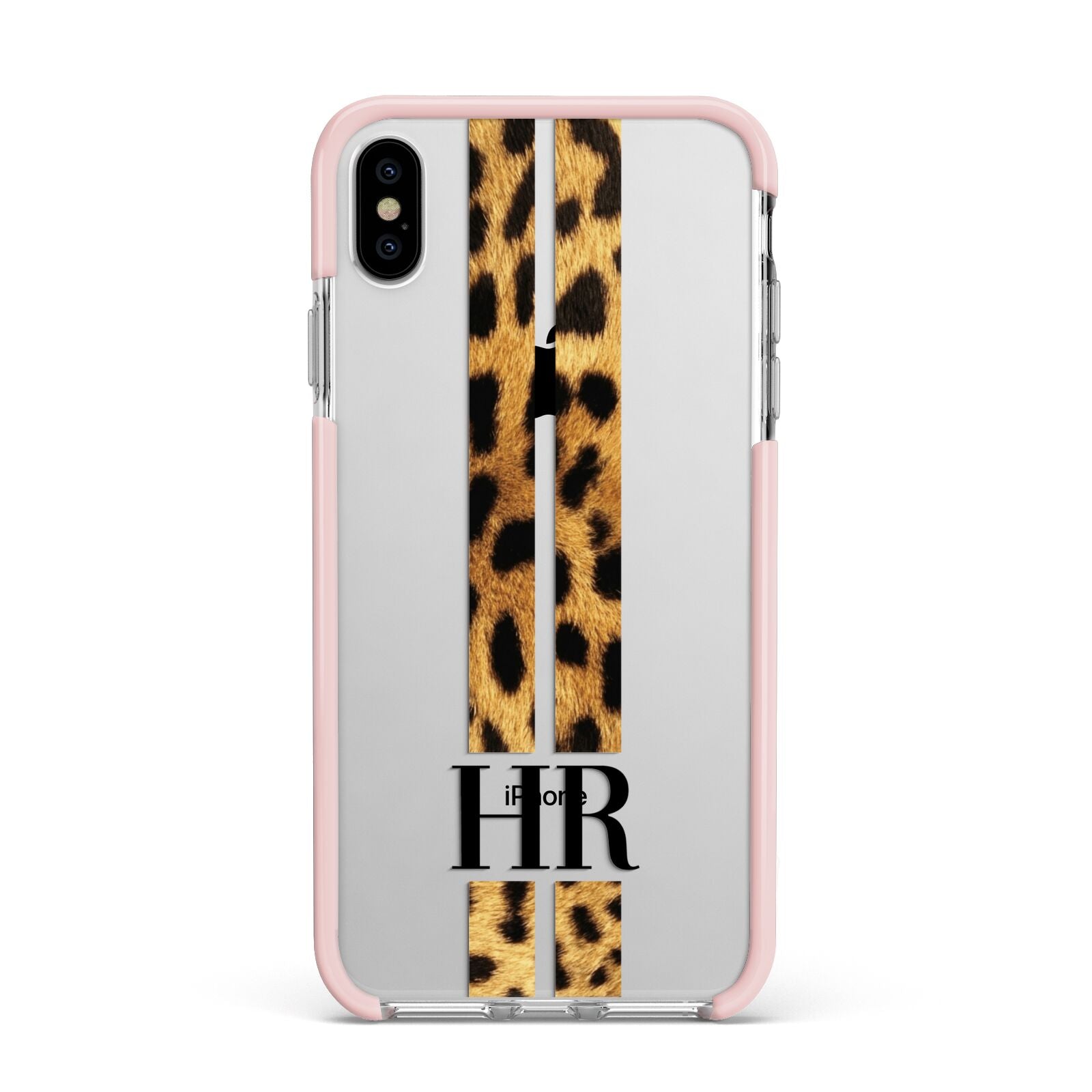 Initialled Leopard Print Stripes Apple iPhone Xs Max Impact Case Pink Edge on Silver Phone