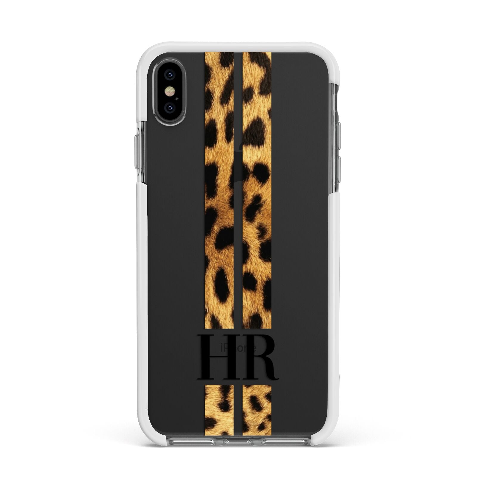 Initialled Leopard Print Stripes Apple iPhone Xs Max Impact Case White Edge on Black Phone