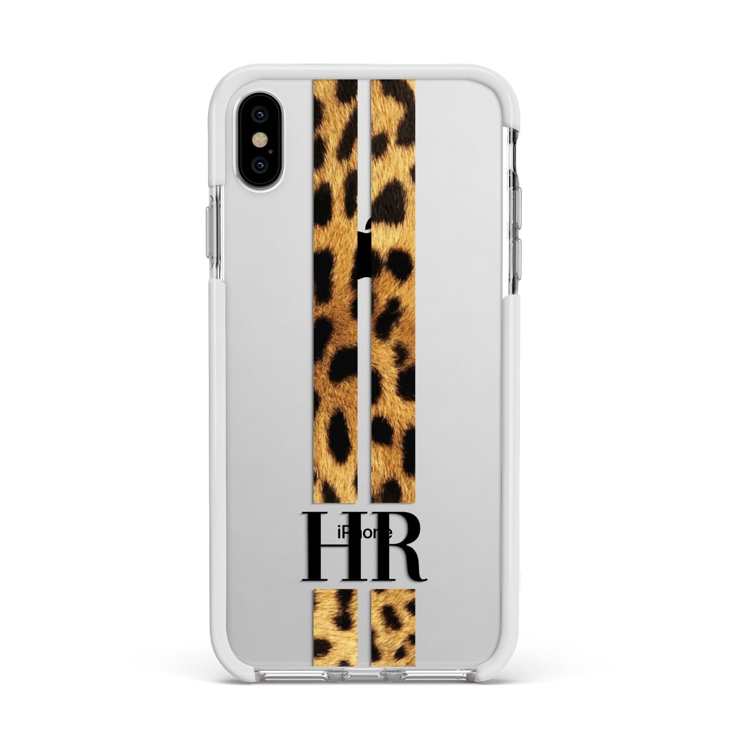Initialled Leopard Print Stripes Apple iPhone Xs Max Impact Case White Edge on Silver Phone