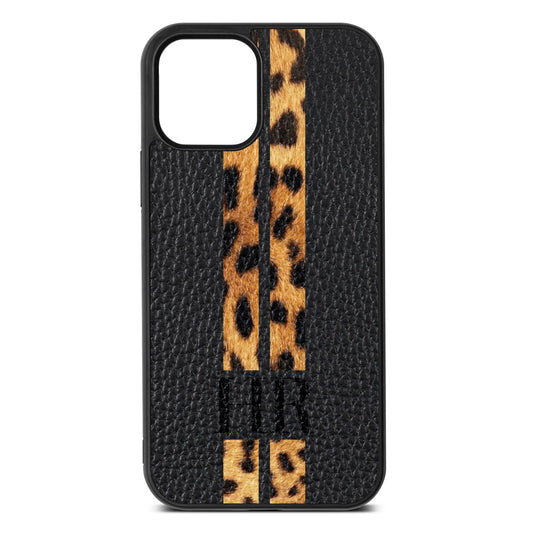 Initialled Leopard Print Stripes Black Pebble Leather iPhone 12 Case