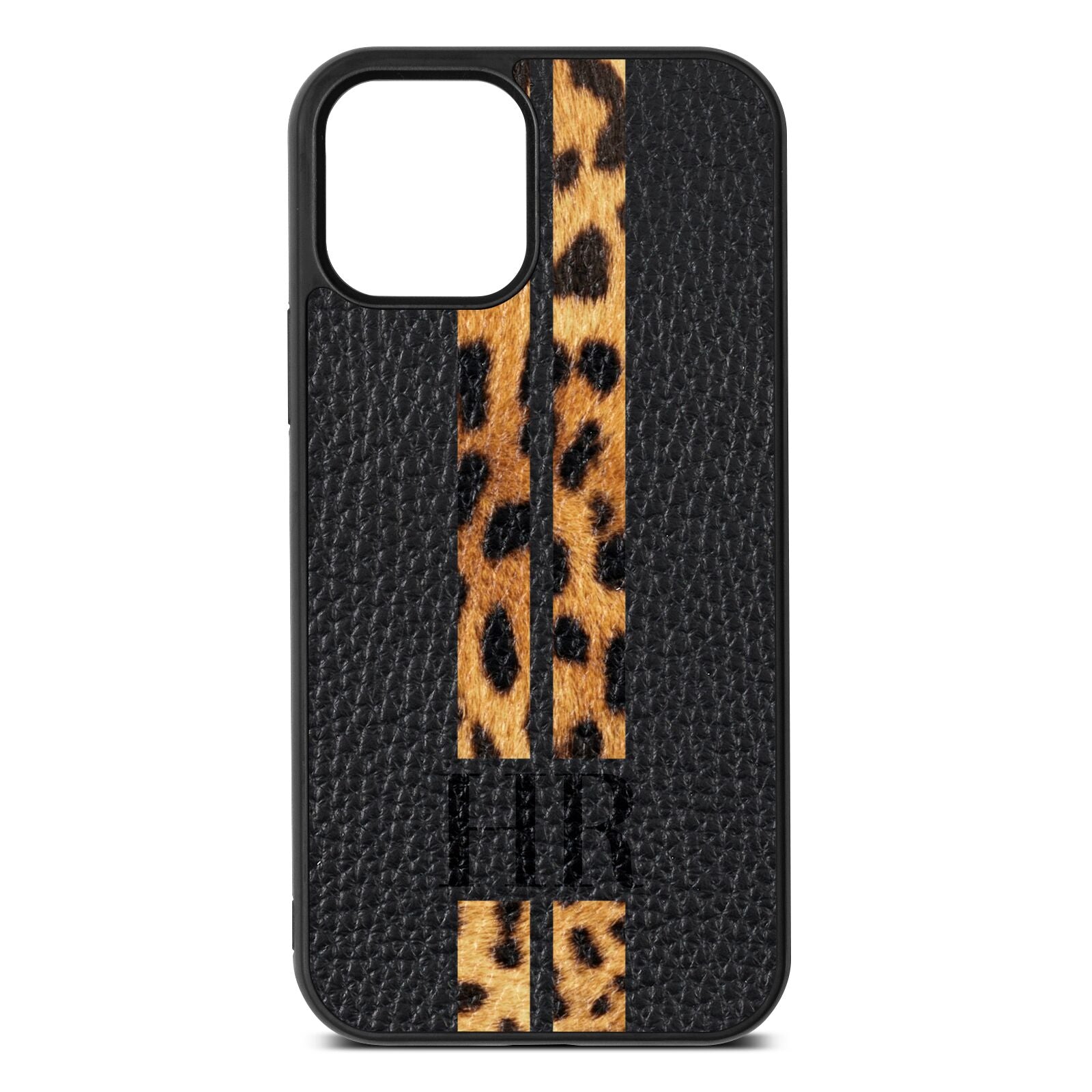 Initialled Leopard Print Stripes Black Pebble Leather iPhone 12 Case