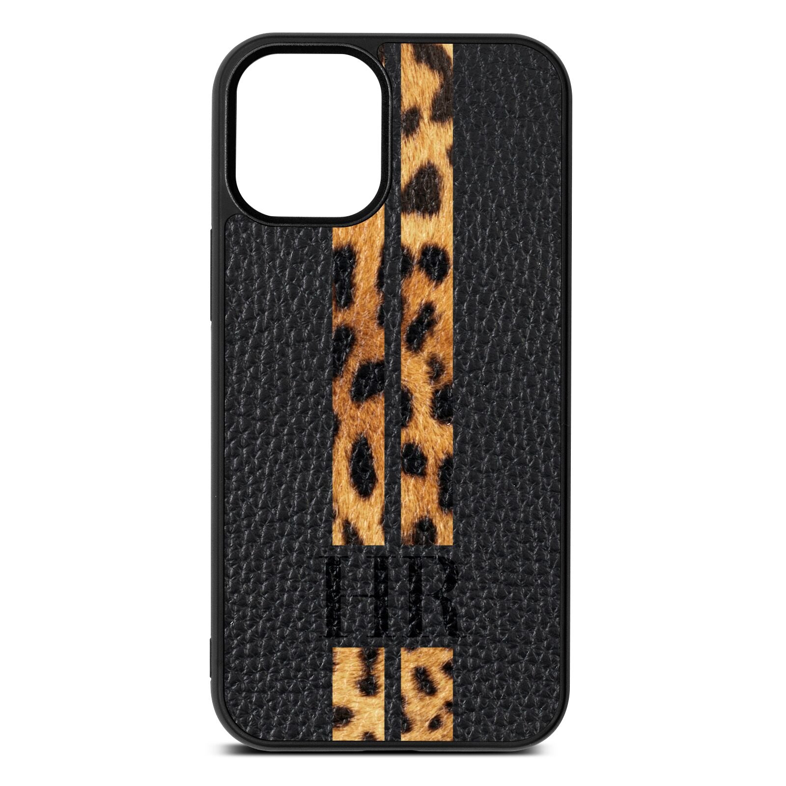 Initialled Leopard Print Stripes Black Pebble Leather iPhone 12 Mini Case
