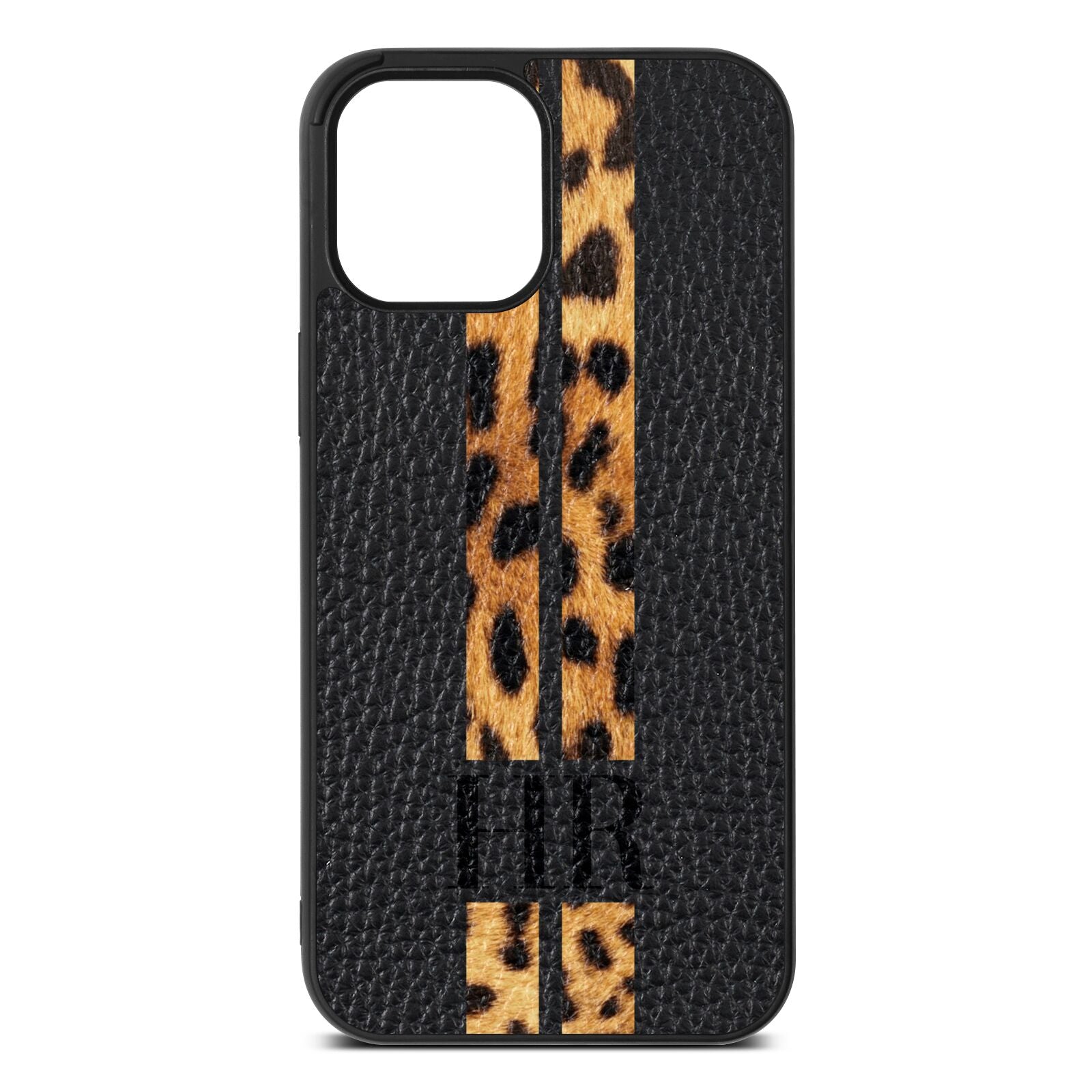 Initialled Leopard Print Stripes Black Pebble Leather iPhone 12 Pro Max Case