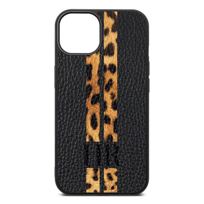 Initialled Leopard Print Stripes Black Pebble Leather iPhone 13 Case