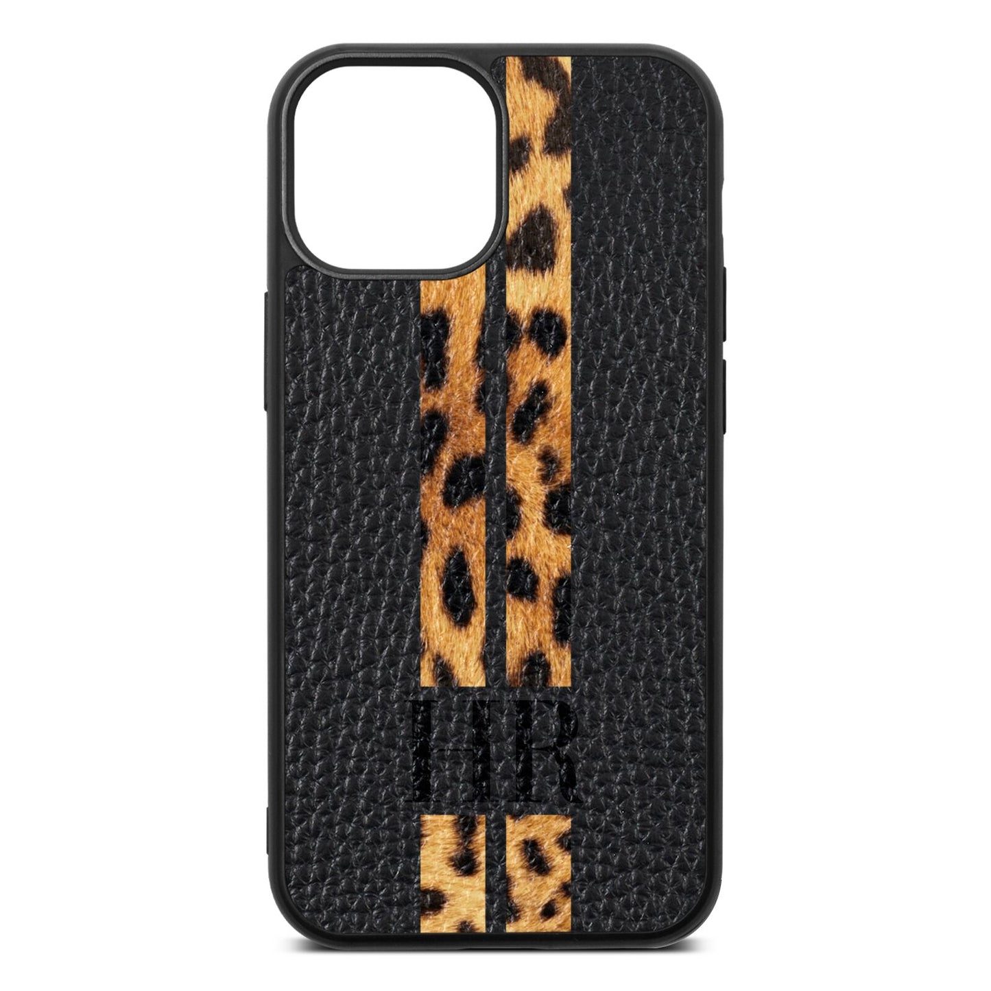 Initialled Leopard Print Stripes Black Pebble Leather iPhone 13 Mini Case